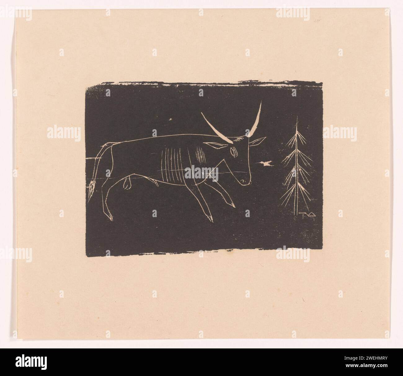 Stier, Tinus van Doorn, c. 1920 - en 1940 ou avant, imprimer le Taureau en contours blancs sur un papier noir. papier. bulle d'encre d'impression Banque D'Images