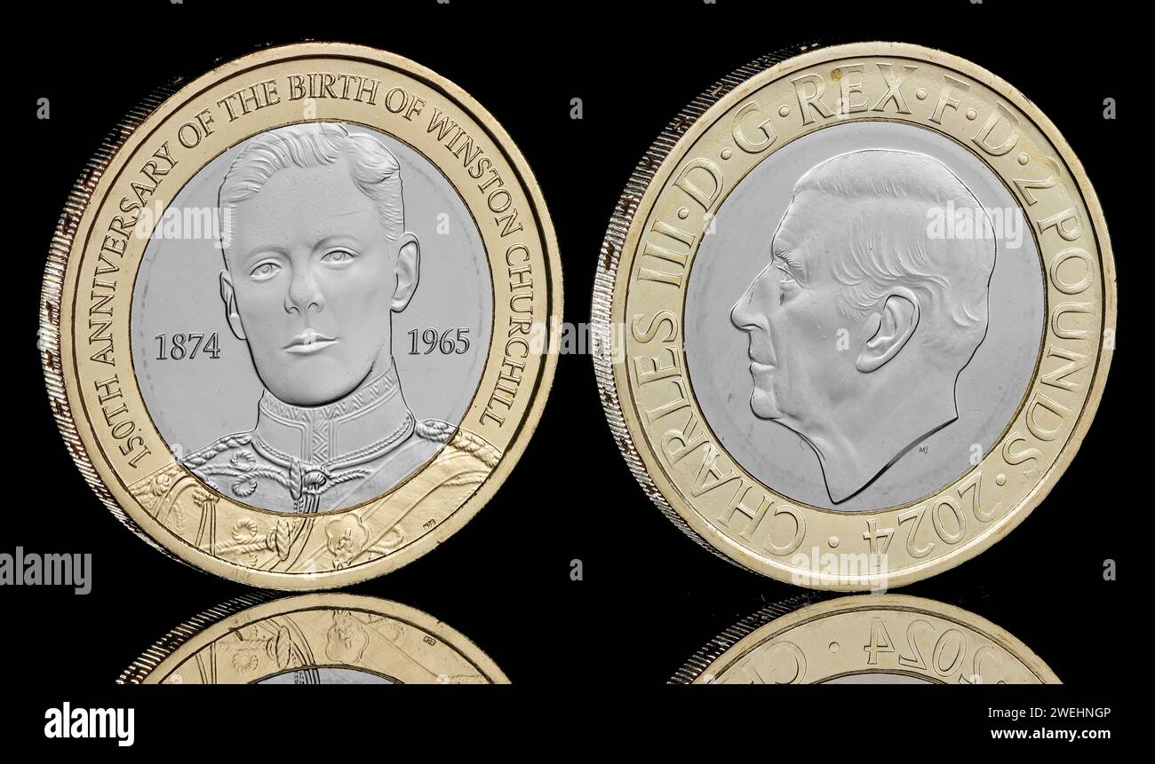 Pièce bimétallique de 2 £ de 2024 pour commémorer les 150 ans de la naissance de Sir Winston Churchill. Ce revers a été conçu par Natasha Seaward Banque D'Images