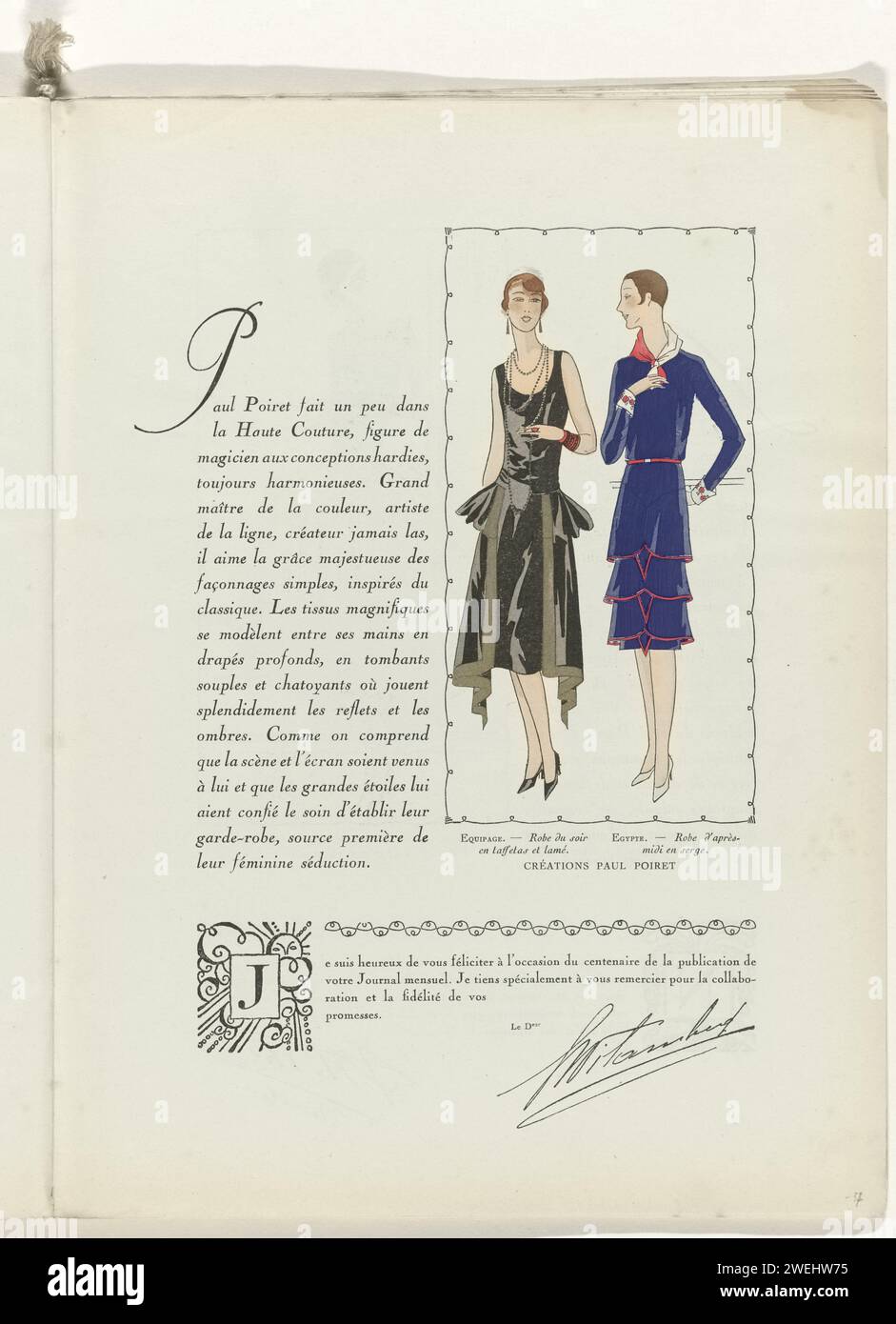 Art - goût - Beauté, draps d'élégance féminine, Noël 1928, n ° 100, 9e année, p. 37, Anonyme, magazine 1928 texte avec une image de deux robes de Paul Poiret. A gauche : Robe de soirée de Black Tafzijde et Lamé. Collier long. Droite : Robe de serge bleu après-midi avec passepoil rouge. Poignets avec motif floral. Écharpe bicolore autour du cou. Page du magazine de mode Art-Goût-Beauté (1920-1933). assiettes de mode pour brosses en papier. robe, robe : robe de soirée (+ vêtements pour femmes). robe, robe : robe de jour (+ vêtements pour femmes). collier (+ vêtements pour femmes). Vêtements pour la partie supérieure du corps (CHÂLE) Banque D'Images