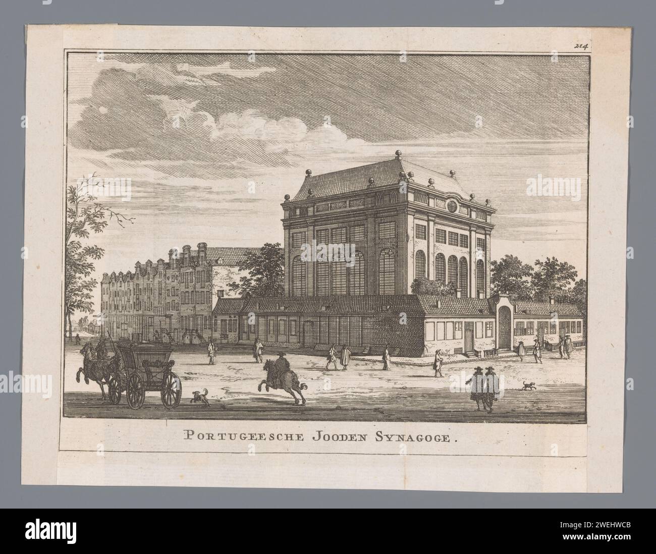 Vue de la synagogue portugaise d'Amsterdam, anonyme, 1713 - 1751 imprimer vue de la synagogue portugaise d'Amsterdam, avec la Rapenburgerstraat à gauche et le Deventer Houtmarkt (aujourd'hui Jonas Daniël Meijerplein) à droite. Différents personnages dans la rue. Papier gravure de la synagogue (comme bâtiment et lieu de culte  religion juive). rue (+ ville(-scape) avec des figures, staffage) Synagogue portugaise Banque D'Images