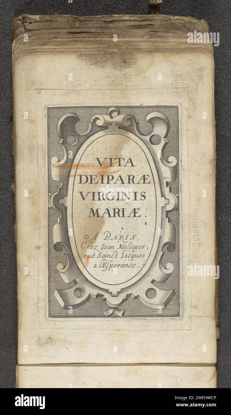 RolwerkCartouche avec titre, 1590 - 1649 print Rolwerkkartouche avec le titre de la série et l'impression en latin. L'impression fait partie d'un album. page de titre de gravure sur papier. ornement  cartouche. scrollwork, strapwork  ornement Banque D'Images