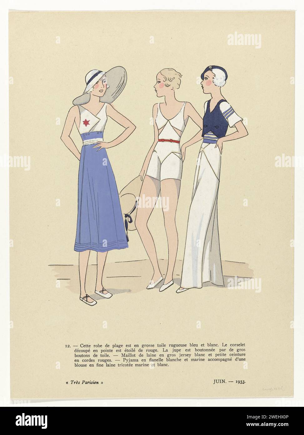 Très parisienne, juin 1933, n°12 : cette robe Plag (...), 1933 Robe pour la plage (robe de plage) de 'grosse toile Rugueuse' en bleu et blanc. Corps avec étoile rouge. Jupe avec de gros nœuds de tissu. Maillot de bain blanc 'gros jersey' avec une fine ceinture rouge. Pyjama de plage en flanelle blanche et bleu marine, associé à un chemisier de bleu marine et blanc 'Laine tricotée' (laine). Tirage du magazine de mode très parisien (1920-1936). impression typographique de plaques de mode en papier. chaussures, sandales (+ vêtements pour femmes). Casque (CHAPEAU DE SOLEIL) (+ vêtements pour femmes). casque : beret (+ vêtements pour femmes). ceinture, ceinture, w Banque D'Images