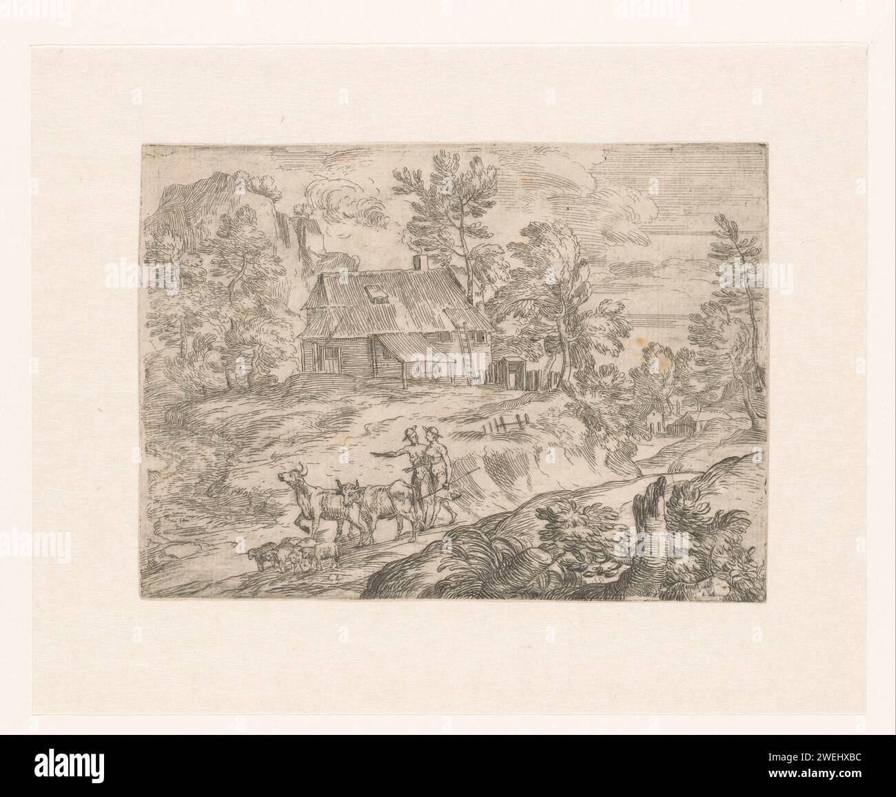 Paysage avec bergers, deux vaches et troupeau de moutons, c. 1550 - c. 1570 imprimer Paysage avec deux vaches au premier plan, accompagnées de deux femmes. Un petit troupeau de moutons court pour eux. Il y a une ferme rustique en arrière-plan. gravure sur papier de paysages. ferme ou maison solitaire dans le paysage. troupeau, troupeau. troupeaux, bergers, bergers, bergers, bergers, bergers, vache, etc Banque D'Images