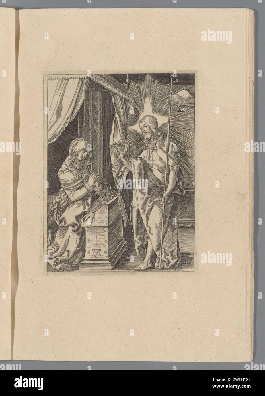 Le Christ apparaît à sa mère, 1610 - 1620 imprimer le Christ croissant salue sa mère Marie, qui est agenouillée pour un lecteur. L'impression fait partie d'un album. Papier gravé Christ, peut-être habillé comme un pèlerin, apparaissant à sa mère, qui est habituellement montré en train de prier Banque D'Images