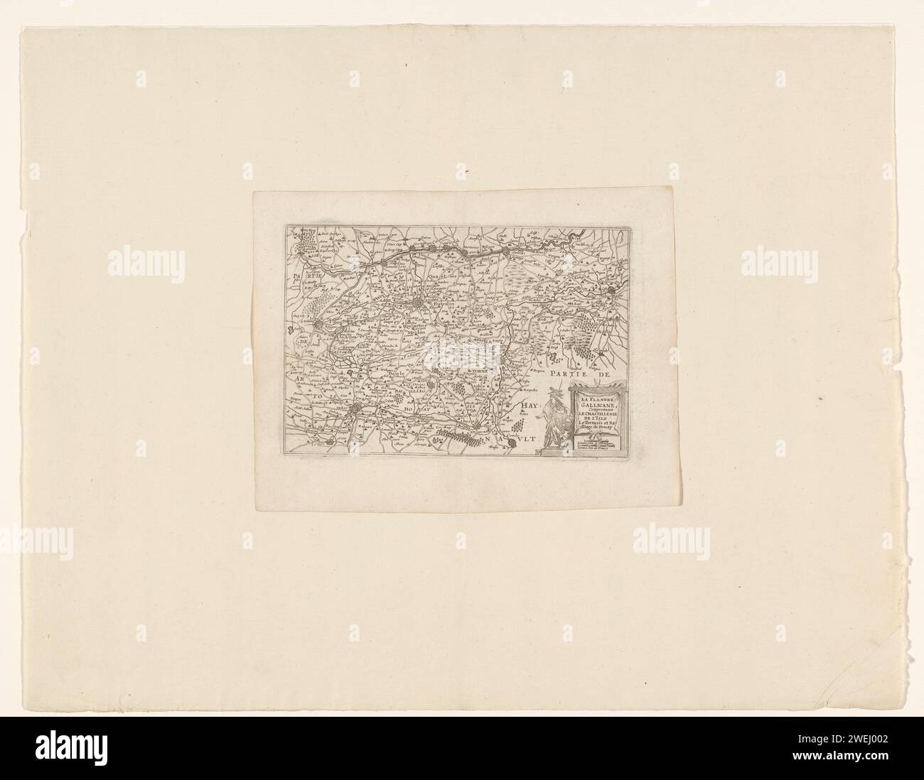 Carte de Flandre française, Anonyme, c. 1660 - 1696 imprimer carte de Flandre française. En bas à droite le cartouche de titre avec deux bâtons de balance en bas : 1 lieuez com. d'Altemagne / 2 Lieuez com. De France. À gauche du cartouche de titre numéroté : 17. Gravure sur papier / gravure cartes de différents pays ou régions Flandre française Banque D'Images