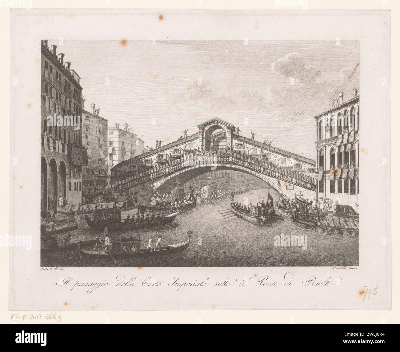 Vue du Rialtobrug à Venise lors d'un voyage de la Corte Imperiale, Frédéric Martens, d'après Roberto Roberti, 1816 - 1837 imprimer papier gravure pont en acier dans la ville à travers la rivière, canal, etc. canaux, eaux (en ville). Gondole Rialtobrug Banque D'Images