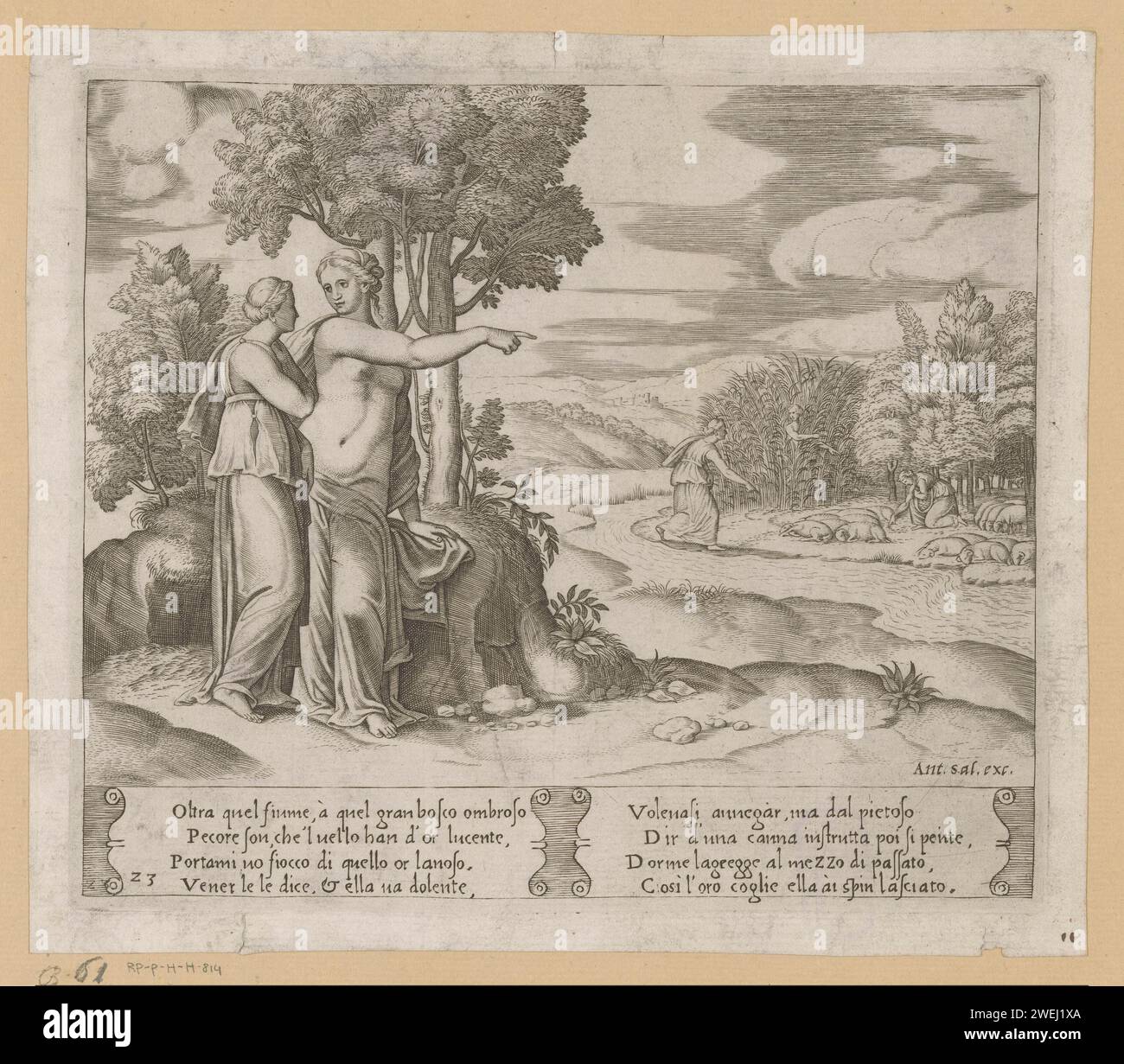 Psyché recueille la laine dorée, maître des dés, d'après Michiel Coxie (i), c. 1530 - c. 1560 imprimer Vénus porte psyché pour recueillir la laine d'un troupeau de moutons à fourrure dorée. Sur la gauche, Vénus psyché pointe le mouton de l'autre côté d'une rivière. Psyché sur la droite au mouton et entre les roseaux qu'elle chuchotait chuchotant sur la façon de recueillir la laine. Texte italien dans deux cartouches en STUDMARGE. Numéroté deux fois en bas à gauche : 23. La gravure sur papier psyché, dirigée par les roseaux, recueille la laine dorée des moutons Banque D'Images