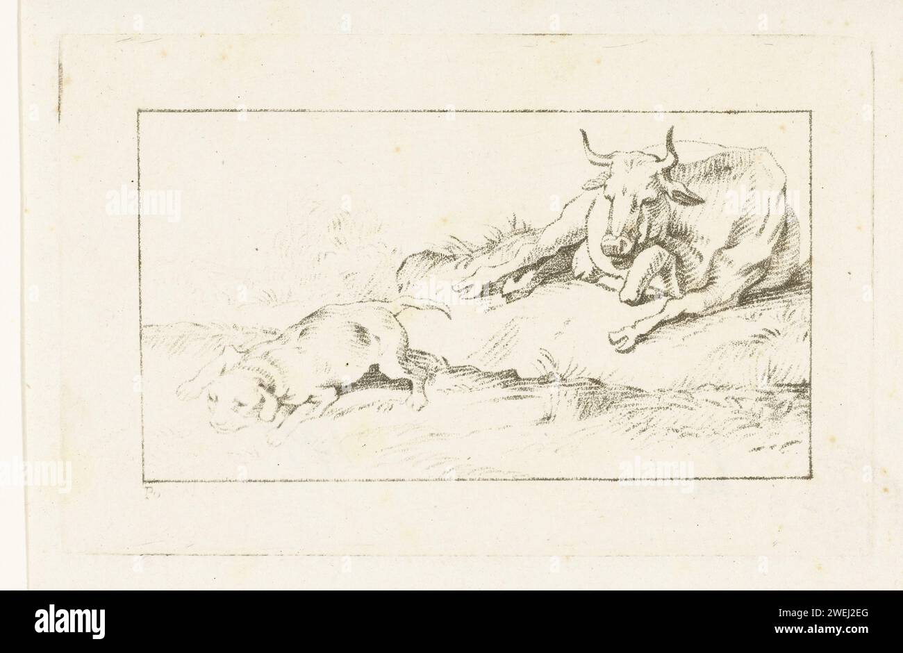 Vache et chien, Jacobus achète, d'après Paul Potter, 1740 - 1801 imprimé chien en papier Banque D'Images