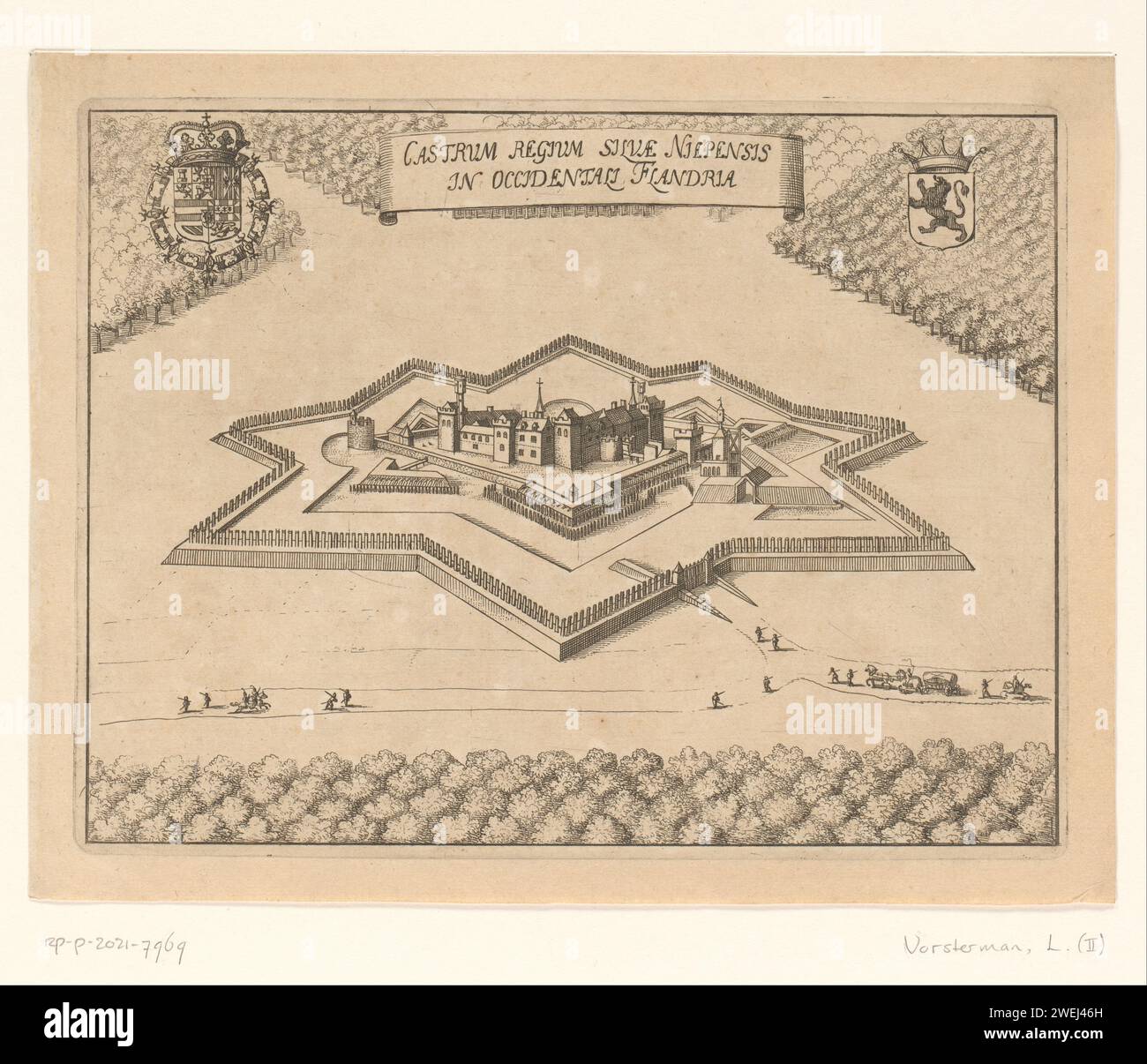 Burcht ter Walle dans le Niepebos, Lucas Vorsterman (II) (attribué à), 1659 papier gravé portant armorial, héraldique. forteresse. château de Flandre française Banque D'Images