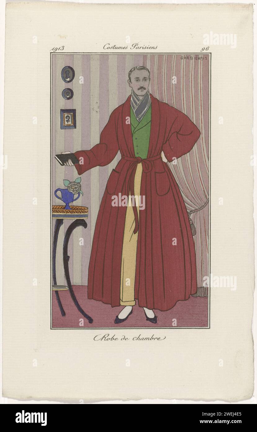 Journal des dames et de la mode : les illustrateurs de mode, 1913 Homme dans une robe de chambre ou robe de maison avec ceinture. En dessous, il porte une écharpe, un gilet et un pantalon long. Un livre dans la main droite. Tirage du magazine de mode Journal des Dames et des modes (1912-1914). plaques de mode gravées en papier. vêtements, costume (+ vêtements pour hommes). housecoat (+ vêtements pour hommes). pantalons, culottes, etc (PANTALON) (+ vêtements pour hommes). Vêtements pour la partie supérieure du corps (GILET) (+ vêtements pour hommes). livre Banque D'Images