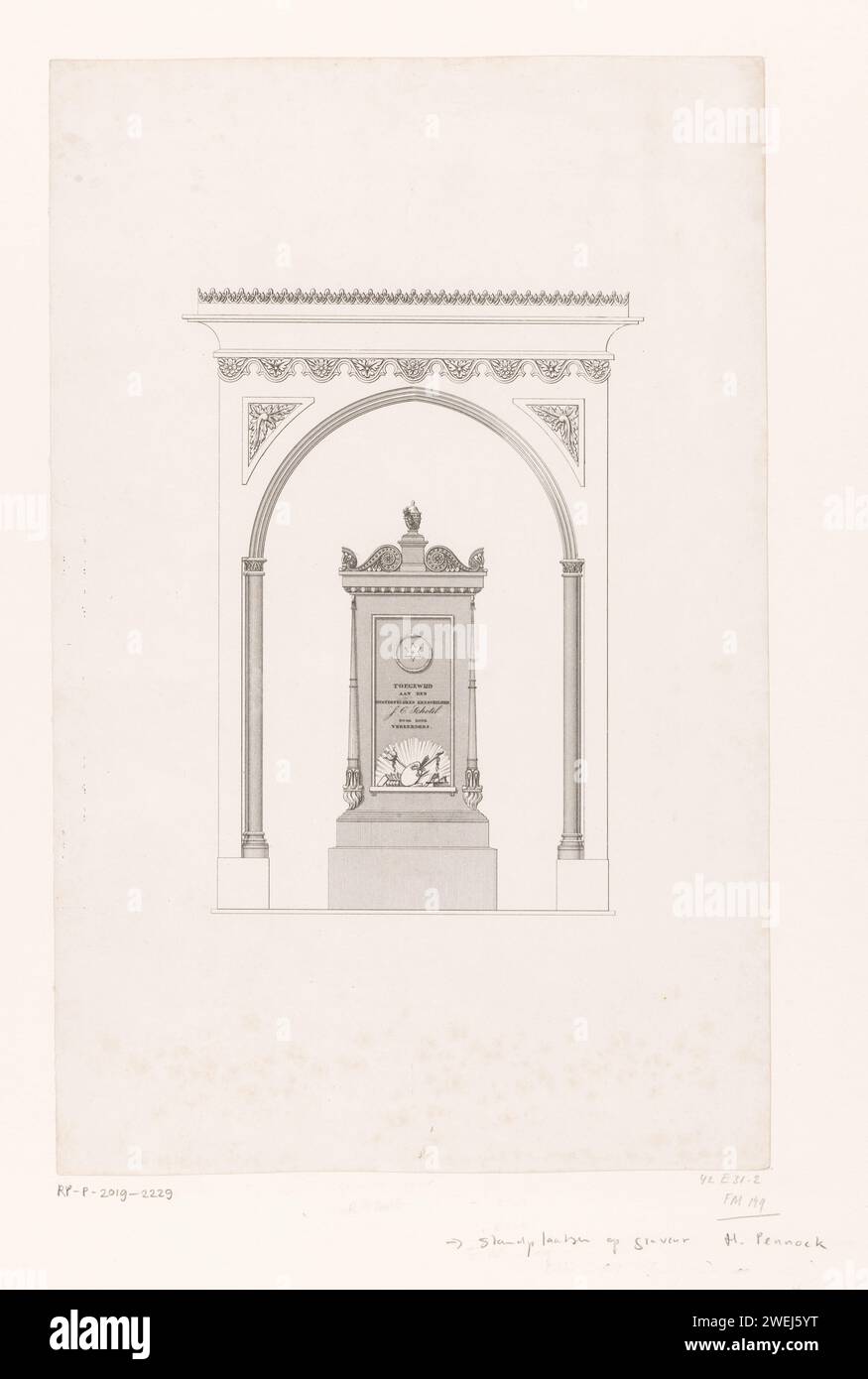 Monument à la mémoire du peintre Johannes Christiaan Schotel, Hendrikus Pennock, 1839 - 1842 imprimer image architecturale du monument fondé dans la Grote Kerk à Dordrecht à la mémoire du peintre de la mer Johannes Christiaan Schotel, décédé le 21 décembre 1838. epitaphe en papier. Tombe-bâtiment, tombe monumentale grand ou église notre-Dame Banque D'Images