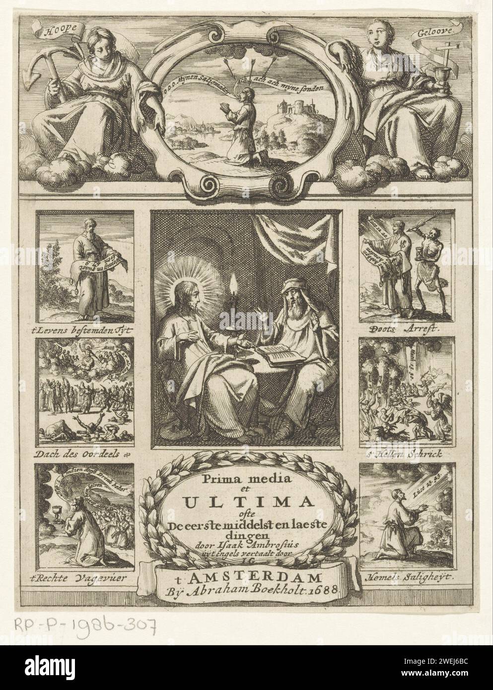 Christ et Nicodème, Jan Luyken, 1688 imprimer Christ parle avec Nicodème à la lueur des bougies. À gauche et à droite de cette performance centrale six scènes avec des références à des versets de la Bible, avec des légendes. Au sommet, l’espérance et la foi encadrent un cartouche à l’image d’un homme agenouillé en prière. Papier gravant Christ parlant avec Nicodème la nuit (Jean 3:1-21). une personne priant. Fides (foi) comme personnification romaine. Espoir, 'Spes' ; 'Speranza divina e certa' (Ripa)  l'une des trois vertus théologiques Banque D'Images