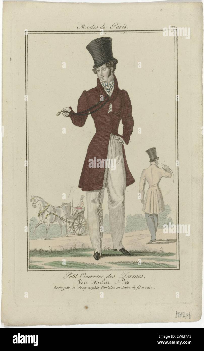Petit mail des dames, 1824, non 221 : Redingotte en feuille Zephir (...), 1824 Homme debout vêtu d'une 'Redingote' de 'Drap Zephir'. Pantalon span de rayé 'Satin de fill'. Tissu à carreaux pour le cou. Accessoires : chapeau haut de gamme avec bordure étroite verticale, lorgnet sur une corde, gants, chaussures avec nez pointu et traces. En arrière-plan une voiture avec un cheval. Homme, vu sur le dos, habillé à l'identique. Tirage du magazine de mode petit courrier des Dames (1821-1868). plaques de mode gravées en papier. pantalons, culottes, etc (PANTALON) (+ vêtements pour hommes). vêtements pour la partie supérieure du corps (+ m Banque D'Images