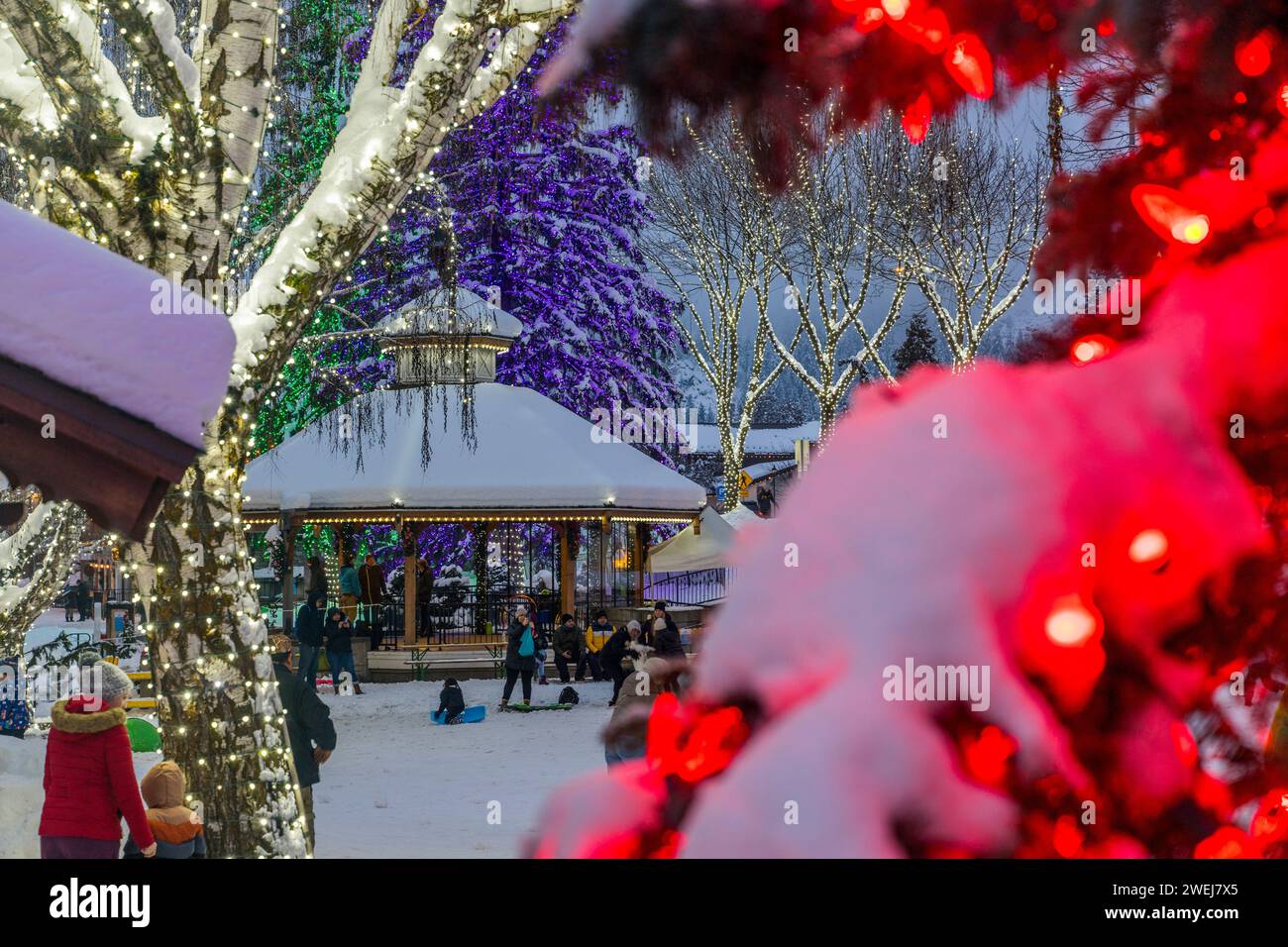 Scène d'hiver avec des lumières colorées dans le centre-ville de Leavenworth, comté de Chelan, État de Washington oriental, États-Unis. Banque D'Images