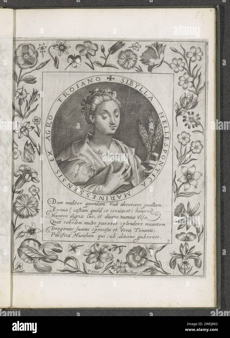 Hell -spontic Sibille, 1601 - 1627 print buste de la Sibille Hellespontic. Dans sa main gauche, elle tient trois Korenaren et un livre dans sa main droite. La performance est prise dans un médaillon avec une écriture de bordure en latin. Sous la performance une légende de six lignes en latin. Autour d'un cadre avec des fleurs, dont un iris et une jonquille. L'impression fait partie d'un album. Sibyls de gravure sur papier (avec NOM). fleurs Banque D'Images