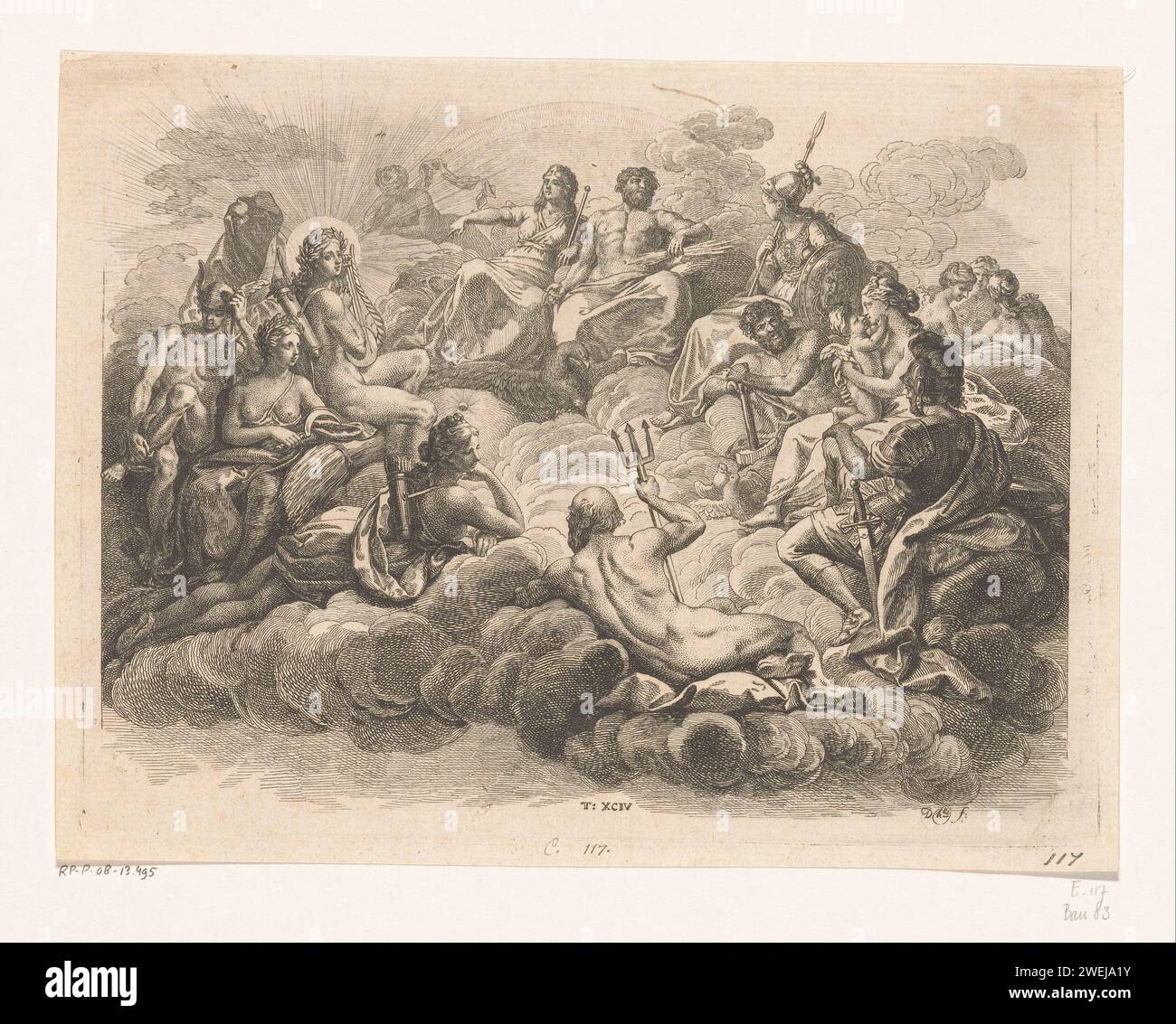 Collection de dieux sur l'Olympe, Daniel Nikolaus Chodowiecki, 1774 impression au milieu de numéroté : T : XCIV. Papier gravure des dieux olympiens ensemble : Jupiter, Junon, Neptune, Cérès, Apollon, Diane, Mars, Vénus, Mercure, Minerve, Vulcan, Vesta (ou Bacchus) Banque D'Images