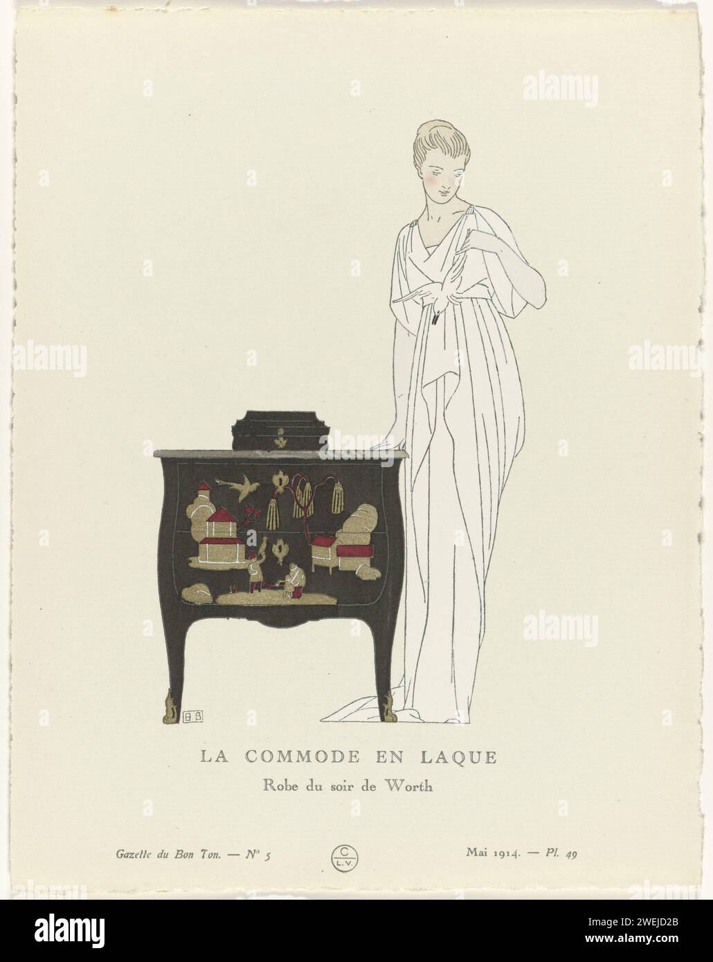 Gazette du bon ton, 1914 - n° 5, PL. 49 : la dresse en laque / robe de soirée de Worth, Bernard Boutet de Monvel, 1914 Femme debout dans une commode avec peinture, vêtue d'une robe de soirée WORTH, composée d'une longue tunique de soie musseline sur une jupe de crêpe de Chine. Planche 49 tirée de Gazette du bon ton 1914, n° 5. Explication sur les vêtements à la page 'Explication des planches'. impression typographique de plaques de mode en papier. meubles et effets ménagers. robe, robe : robe de soirée (+ vêtements pour femmes) Banque D'Images