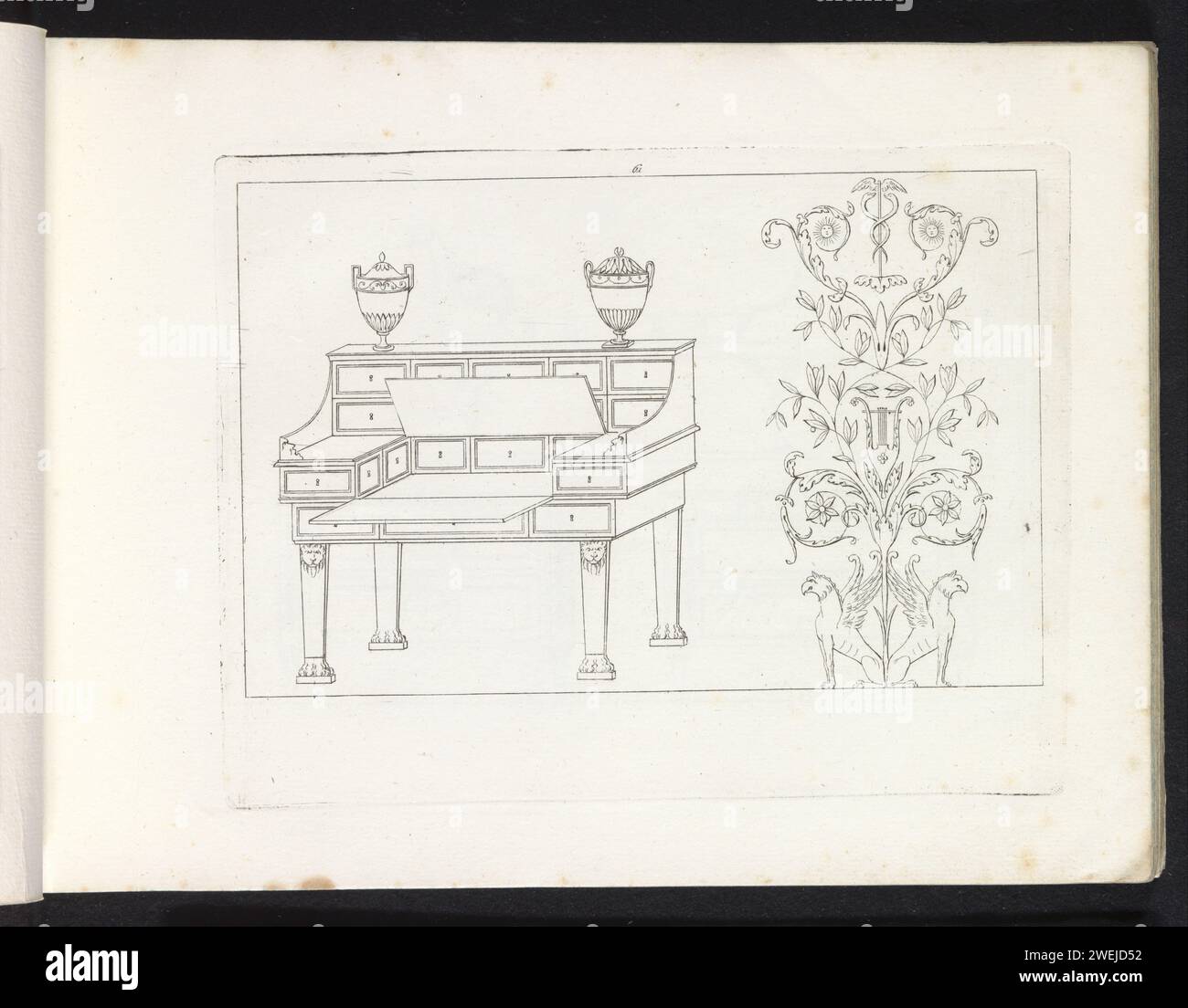 Table d'écriture et arabesken, Pietro Ruga, d'après Lorenzo Roccheggiani, 1817 Print fait partie d'un album. ornements de gravure en papier  art. table à écrire, bureau. ornement  arabesque Banque D'Images