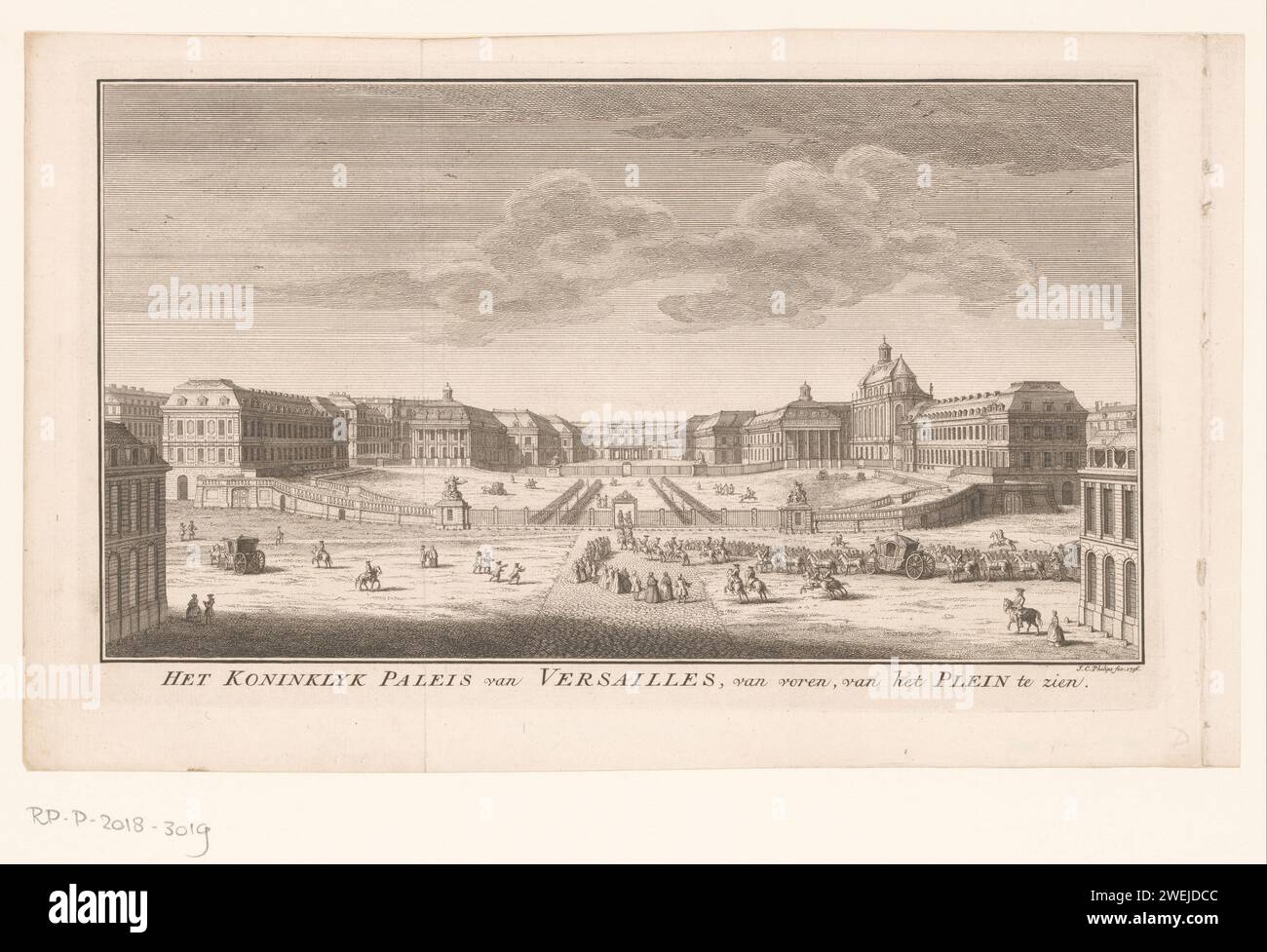 Vue sur le château de Versailles, Jan Caspar Philips, palais de gravure sur papier imprimé 1756. Paysage avec tour ou château Château de Versailles Banque D'Images