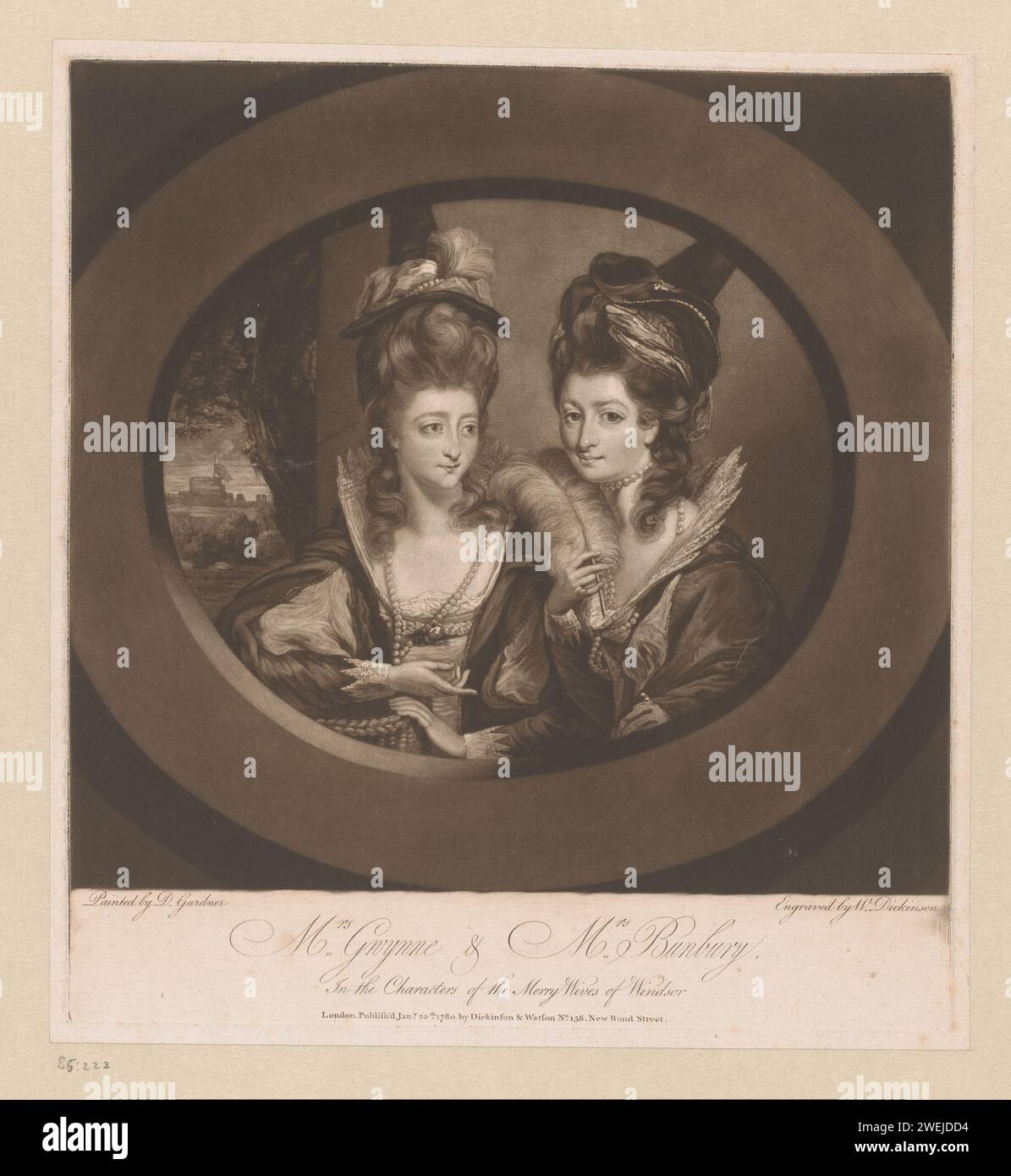 Portret van Mary Gwyn en Catherine Bunbury, William Dickinson, d'après Daniel Gardner, 1780 print les deux dames sont habillées comme des personnages de la pièce «les femmes joyeuses de Windsor» écrite par William Shakespeare. personnages historiques de papier. performances. vêtements de fête, tenue de fête. portrait d'acteur, actrice Banque D'Images