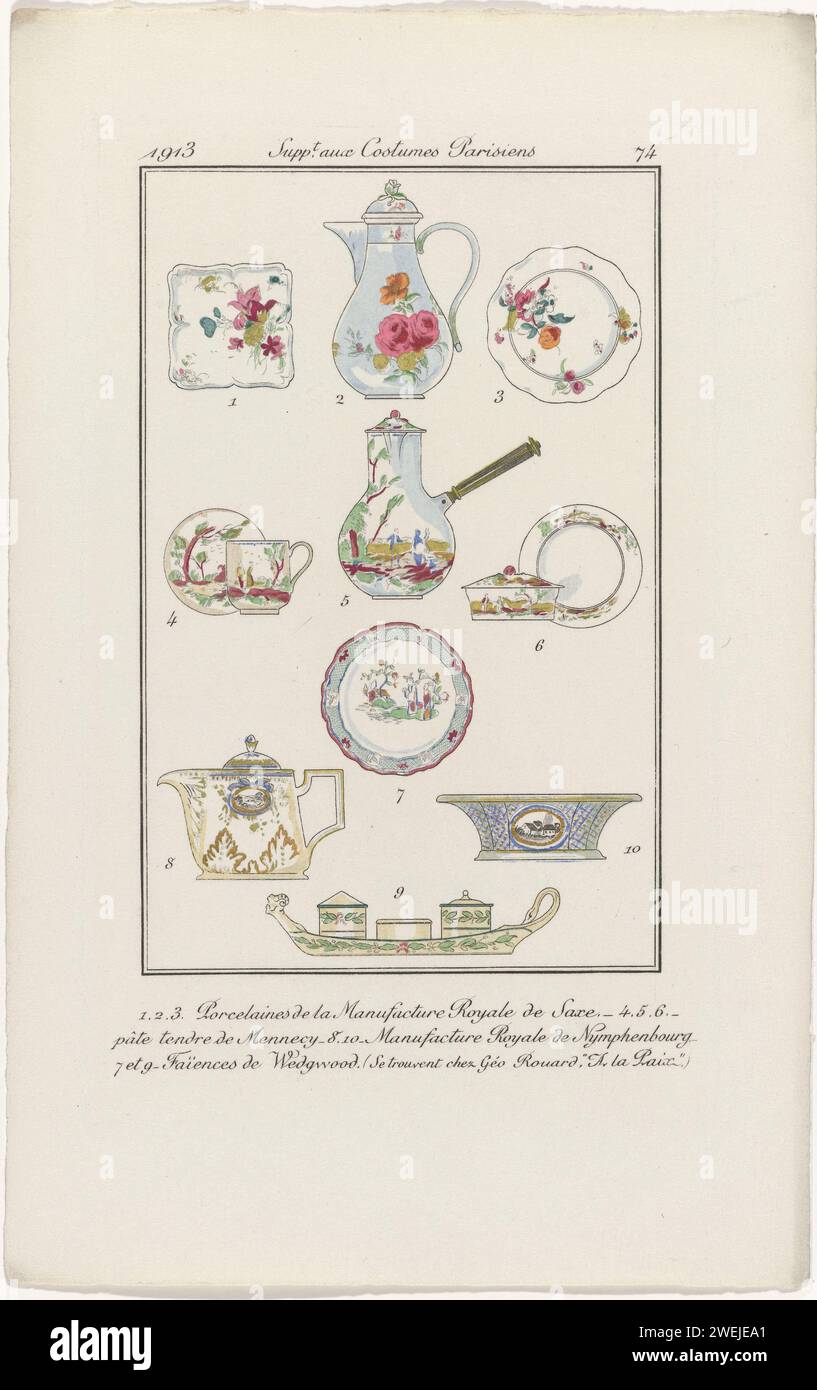 Journal des dames et de la mode, supprimé. Aux costumes parisiens, 1913, n° 74 : 1,2.3. Fabrication de porcelaine (...), 1913 dix différents types de composants de vaisselle. Selon la légende, numéro 1, 2,3 : porcelaine de la 'Manufacture Royale de Saxe'. Numéro 4,5.6: 'Pâte tendre' de Mennecy. Numéros 8 et 10 : 'Manufacture Royale de Nymphenbourg'. Numéros 7 et 9 : 'Faïensences' (poterie à tinglaze) de Wedgwood. À trouver (ou à vendre ?) Chez Géo Rouard. Tirage du magazine de mode Journal des Dames et des modes (1912-1914). plaques de mode gravées en papier. plat, assiette, soucoupe. tasse et soucoupe Banque D'Images
