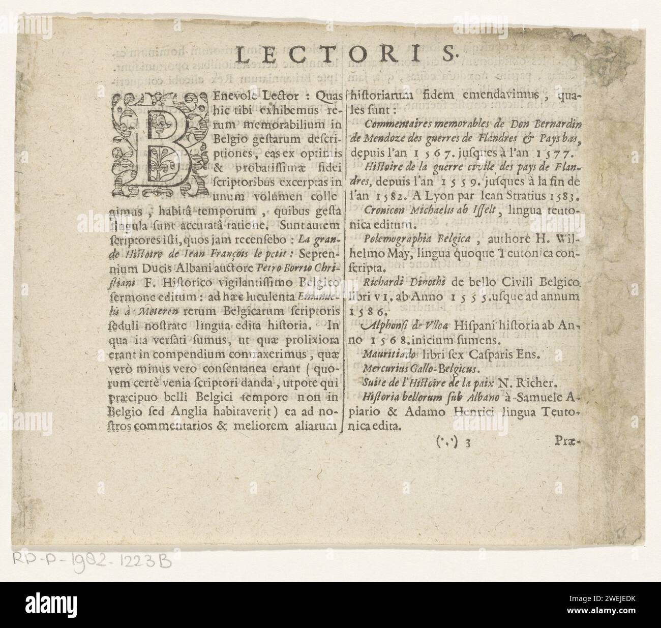 Préface, 1622 impressions. Feuille de texte avant-propos de W. Baudartius, Polemographia Avraico-Belgica, 1621. Avec initiale décorée. lettres et écritures d'impression typographique papier Banque D'Images
