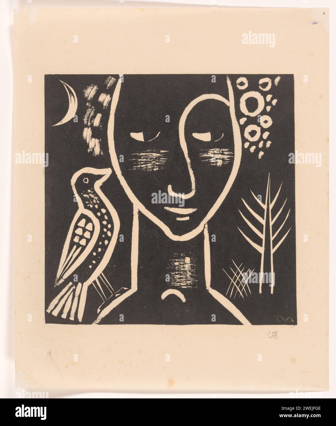 Tête de femme avec pigeon, Tinus van Doorn, 1938 print tête de femme avec pigeon à gauche, dans des contours blancs sur une crosse noire. papier. imprimer des colombes d'encre, des pigeons Banque D'Images