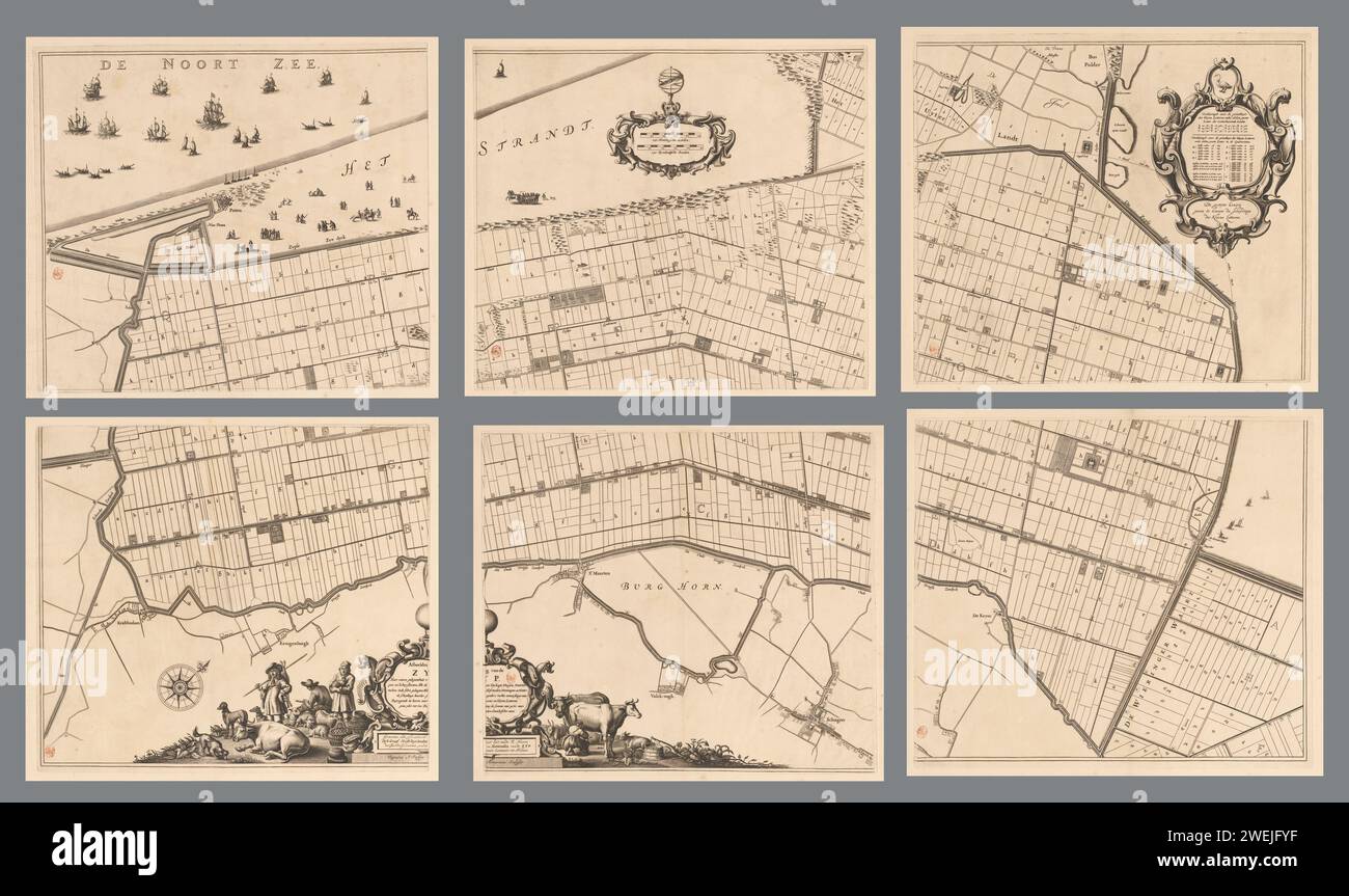 Carte de la Zijpe et Hazepolder, composé de six parties, Reinier van Persijn, 1665 - 1760 impression en haut au milieu deux bâtons à l'échelle : 250 tiges de hontbosscher ; 250 tiges de Rylantsche. En haut à droite un cartouche avec l'arme du polder et une légende de la parcelle. Le long du bas le cartouche de titre à gauche de lui agriculteurs, bovins, produits agricoles et un chasseur avec des chiens de chasse. À droite du cartouche, la femme d'un agriculteur qui traite une vache et du bétail. cartes de gravure / gravure sur papier de pays ou de régions distincts. polder, terrain récupéré. armoiries (comme symbole de l'état, et Banque D'Images