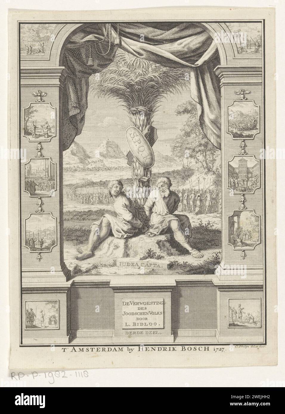 Juifs enchaînés à Palmboom, Jan Caspar Philips, 1727 imprimer deux juifs sont enchaînés sur un palmier avec un bouclier avec S.P.Q.R. en arrière-plan une procession avec des prisonniers. Autour d'une arche ronde avec diverses représentations avec le judaïsme et la continuation des Juifs. Gravure sur papier / gravure religion et culture juives. l'antisémitisme. prisonnier ; dans les fers. arbres : palmier Banque D'Images