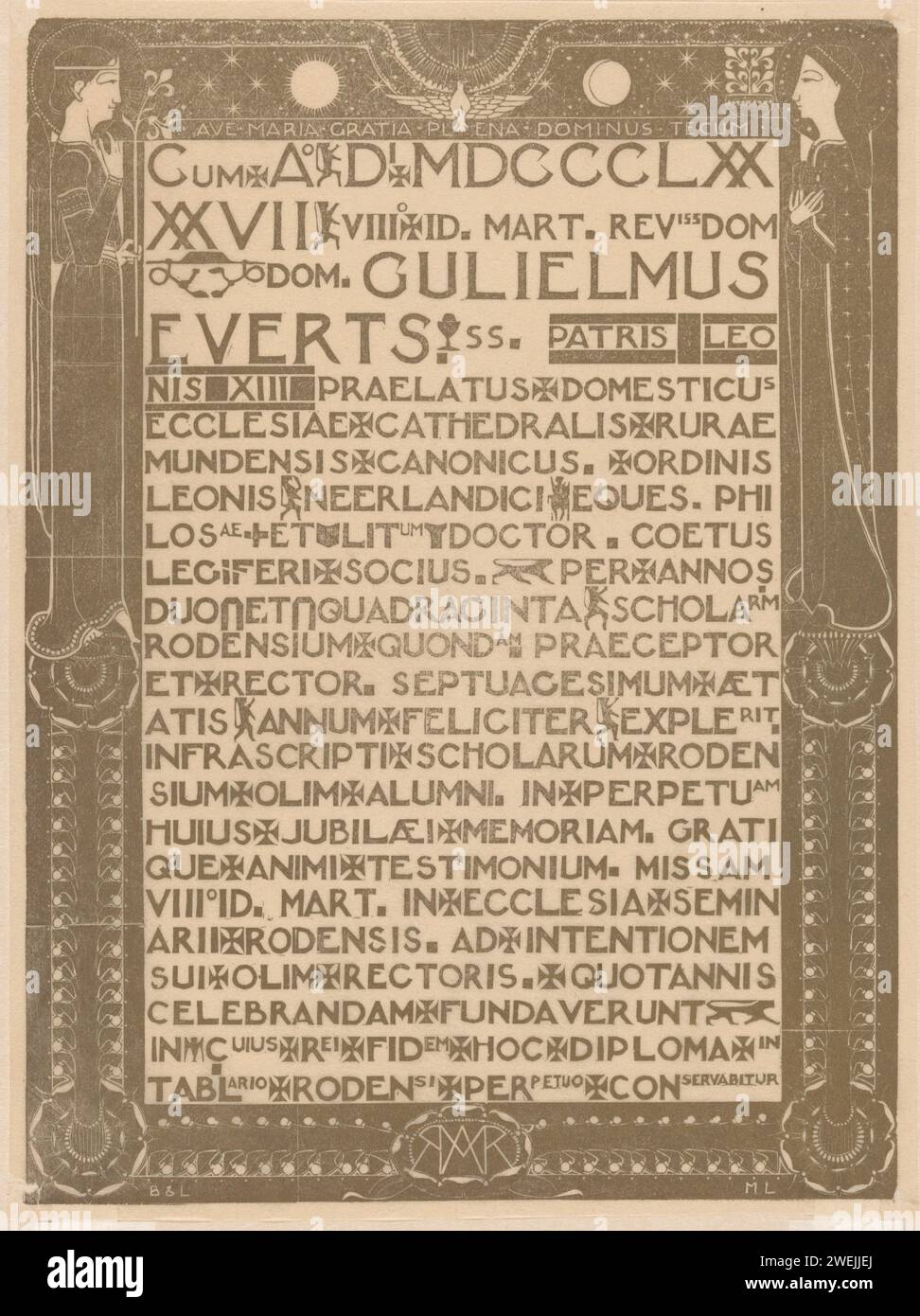 Revue de rappel de Willem Everts, Mathieu Lauweriks, 1897 imprimer feuille de rappel avec texte en latin. Dans le bord ornemental à gauche une femme avec un lys et à droite une femme avec un livre. Commémoration du papier japonais (papier fait main), jubilé. Main, 'Dextera Dei'  symbole de Dieu le Père. Saint-Esprit représenté comme une colombe (en flammes) Banque D'Images