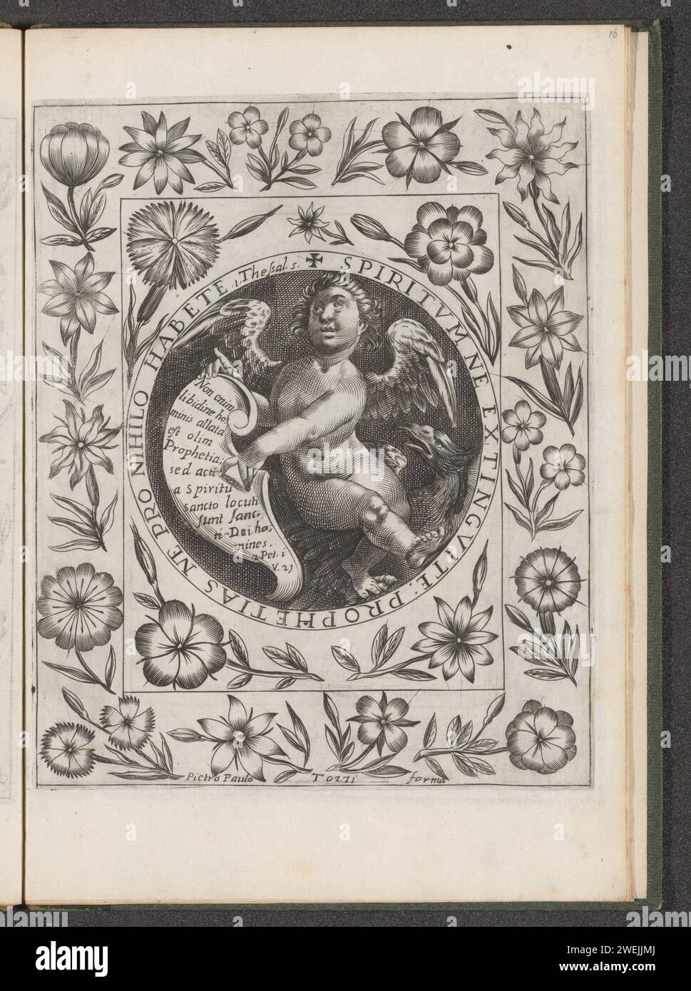 Engel avec Banderol, 1601 - 1627 imprimer un ange qui pointe vers une banderole avec une citation biblique en latin de 2 Petr. 1:21. Un aigle en arrière-plan. Le spectacle est pris dans un médaillon avec un script de bordure avec un texte de 1 Tess. 5 : 19-20 en latin. Autour d'un cadre avec des fleurs. L'impression fait partie d'un album. gravure papier ange(s) avec livre (-scroll) ou banderole. oiseaux prédateurs : aigle. Agneau portant une croix ou une bannière, 'Agnus Dei'  symbole du Christ Banque D'Images