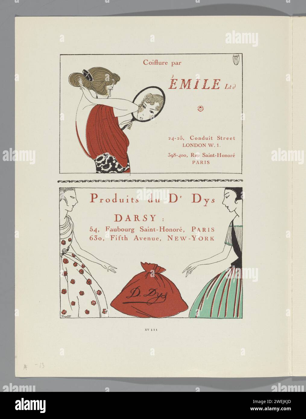 Gazette du bon ton, 1920 - n° 3, p. XVIII : ADS, 1920 deux annonces. Top : coiffure par Emile Ltd / Lower : produits du Dr. DYS. papier Banque D'Images