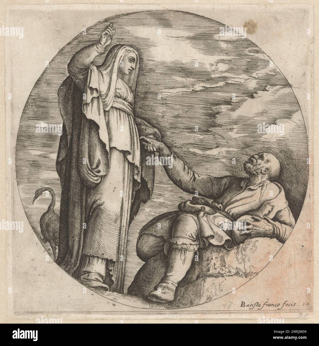 La religion réconforte un pauvre vieil homme, 1520 - 1561 imprimer Une femme avec une enveloppe (personnification de la religion) prend un pauvre vieil homme assis à portée de main. Elle pointe du doigt avec son autre main. Gravure sur papier représentation allégorique  religion ; 'religion' 'religion de SS. Maurice e Lazarus '' religion True Christian '(Ripa) Banque D'Images