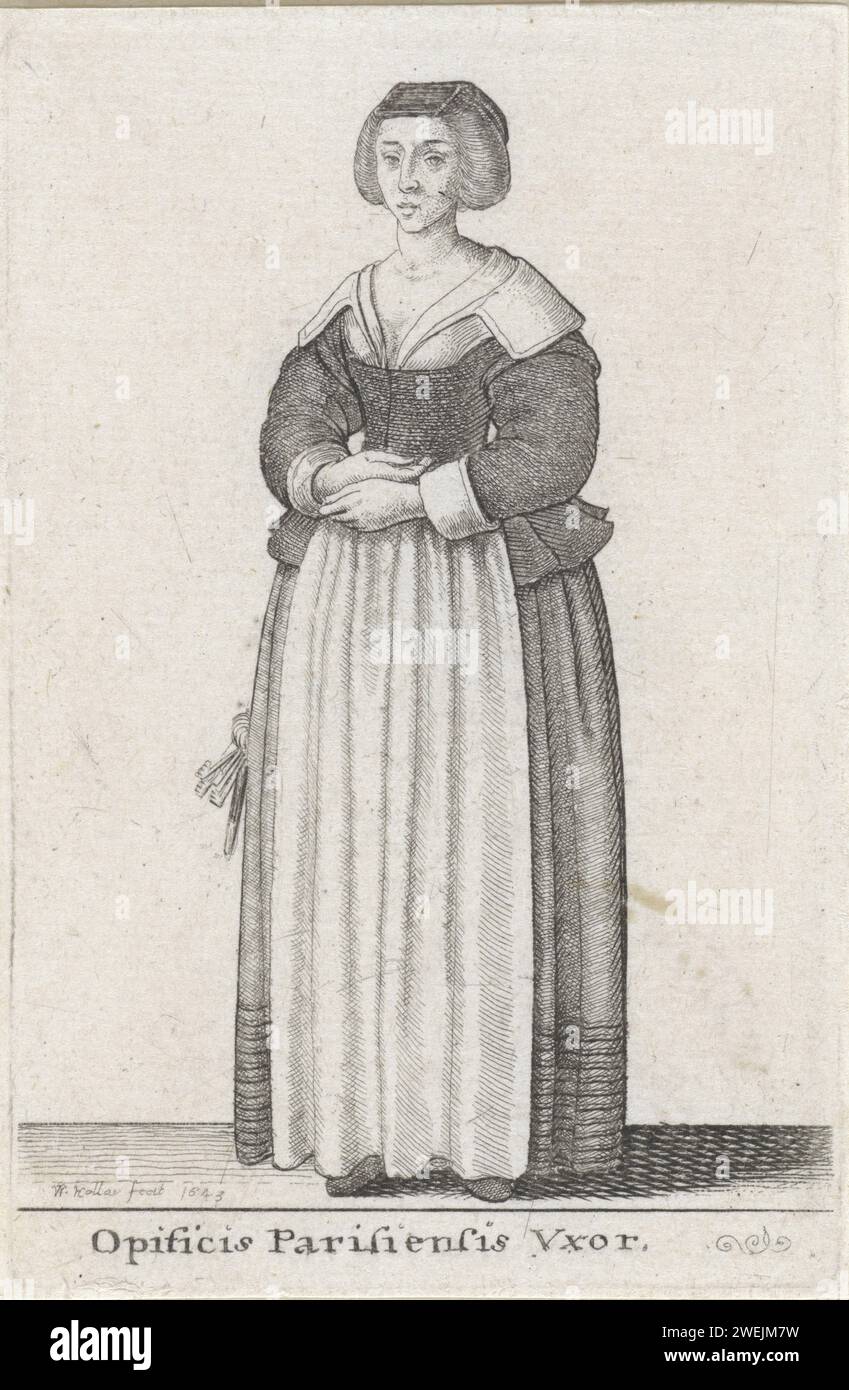 Ouvrier Paisiensis Vxor, Venceslaus Hollar, femme parisienne de 1643 ans, tourna légèrement vers la gauche, un chapeau sombre plat sur la tête, plia les mains devant le ventre. Un tas de clés pendent à sa ceinture. Papier gravure Européens (FRANÇAIS) (+ femmes). assiettes mode. cou-équipement : col (+ vêtements pour femmes). casque : casquette (+ vêtements pour femmes). Vêtements pour la partie supérieure du corps (avec NOM) (+ vêtements pour femmes). tablier (+ vêtements pour femmes). jupe (+ vêtements pour femmes). ceinture, ceinture, ceinture (+ vêtements pour femmes). Autres accessoires vestimentaires (CLÉS) (+ vêtements pour femmes). Key  meubles Paris Banque D'Images