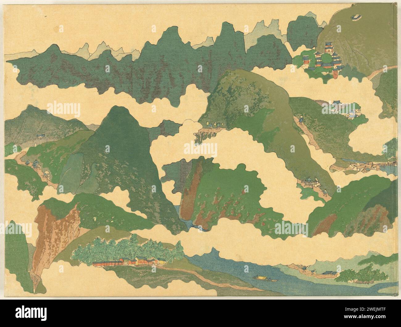 The Yellow River part, livre de 1916 deuxième partie (sur deux) ; couverture en papier ; couverture avec image de rivière dans le paysage de montagne, titre en or sur le dos ; couverture et bractée sur laquelle face en un mot de la région parcourue par l'artiste ; un magazine, page de titre ; 2 magazines, numérotés : 1-3, table des matières ; 89 Images de gens et de paysages en Chine, avec texte sur les pages opposées, numérotées : 112-200, 40 feuilles, texte ; dernière feuille, Colophon. impression typographique papier / gravure sur bois couleur Banque D'Images