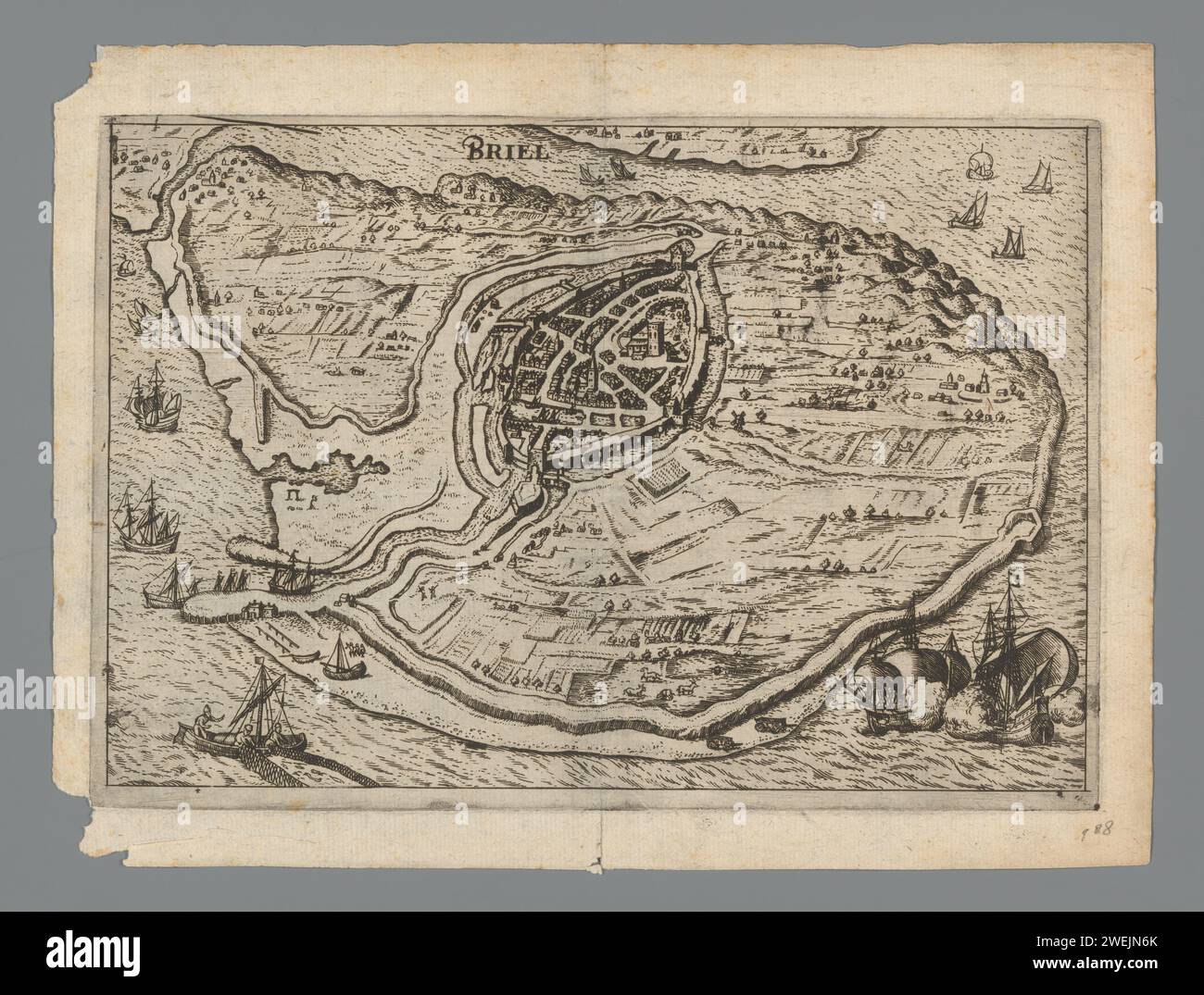 Carte de l'île de Voorne et carte de Brielle, 1572, Anonyme, 1612 imprimer carte van den Briel, prise par de Watergeuzen le 1 avril 1572. Vue de l'île de Voorne avec la ville de Den Briel en quelques mots. Deux navires de guerre et un bateau de pêche dans l'eau. Cartes de gravure papier des villes Brielle Banque D'Images