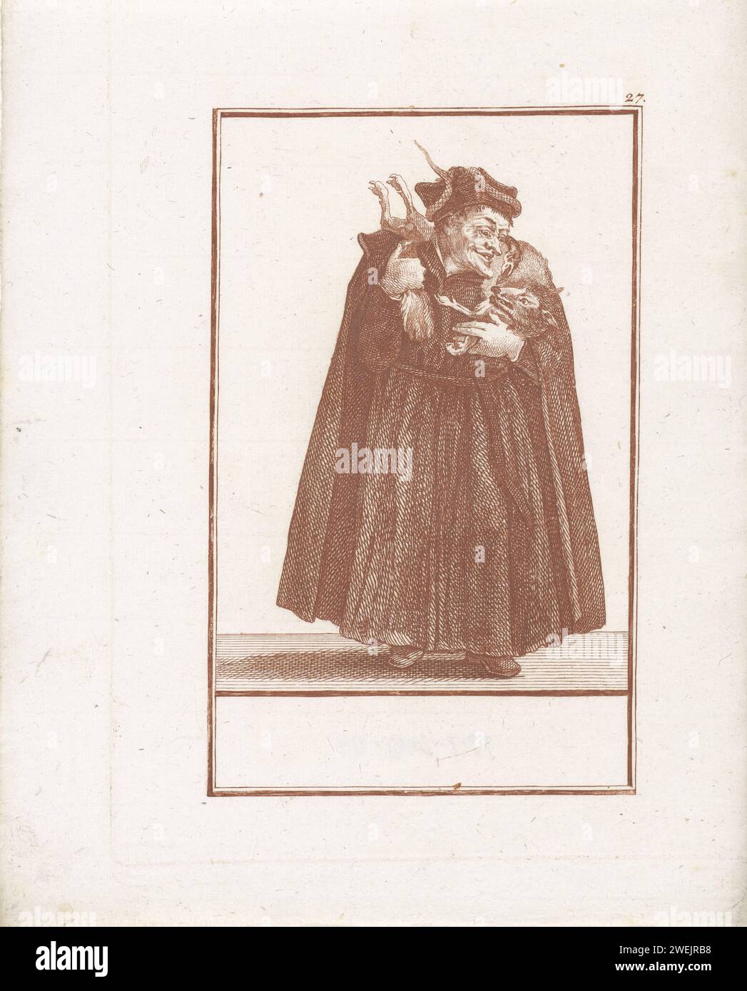 Monnik avec un renard comme Stola, Jacob Gole (attribué à), d'après Cornelis Dusart, 1724 estampe moine debout. Il a un renard vivant comme Stola autour du cou et un serpent sur son béret. Il sourit. L'estampe fait partie d'une série de 50 parties sur le sujet des abus du clergé catholique. gravure de papier moine(s), frère(s). (Aspects de) la religion chrétienne ou l'Église (en tant qu'institution) ridiculisée, critiquée ou caricaturisée. bêtes de proie, animaux prédateurs : renard. volé. serpents. bouche grande ouverte, dents serrées ensemble Banque D'Images