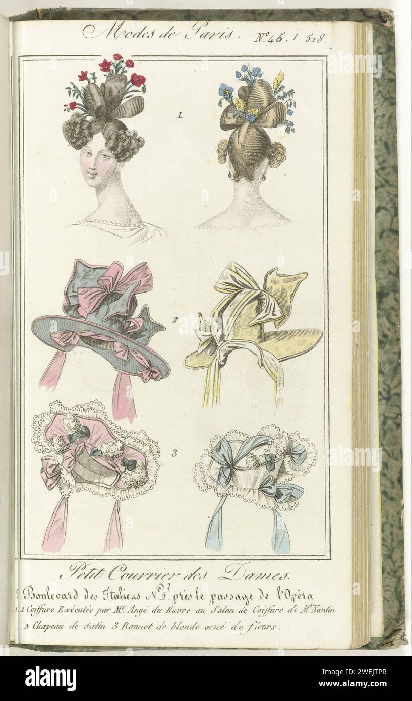 Petit courrier des dames, 10 décembre 1827, n° 45/518, 1. Coiffure exécutée par M.R Angé ..., 1827 Une coiffure, un chapeau et un chapeau, affichés de l'avant et de l'arrière, numérotés de un à trois. 1 coiffure exécutée par MR Angé du Havre au salon de coiffure de MR Nardin 2 chapeau de Satin 3 Bonnet de Blonde Orné de fleurs .. Tirage du magazine de mode petit courrier des Dames (1821-1868). Relié (avec quelques pp.. Le Journal des Dames et des modes). Du 15 janvier 1827 au 20 mars 1830. Incomplet. plaques de mode gravées en papier. Styles de coiffure - AA -  femmes. casque : chapeau (+ vêtements pour femmes) Banque D'Images