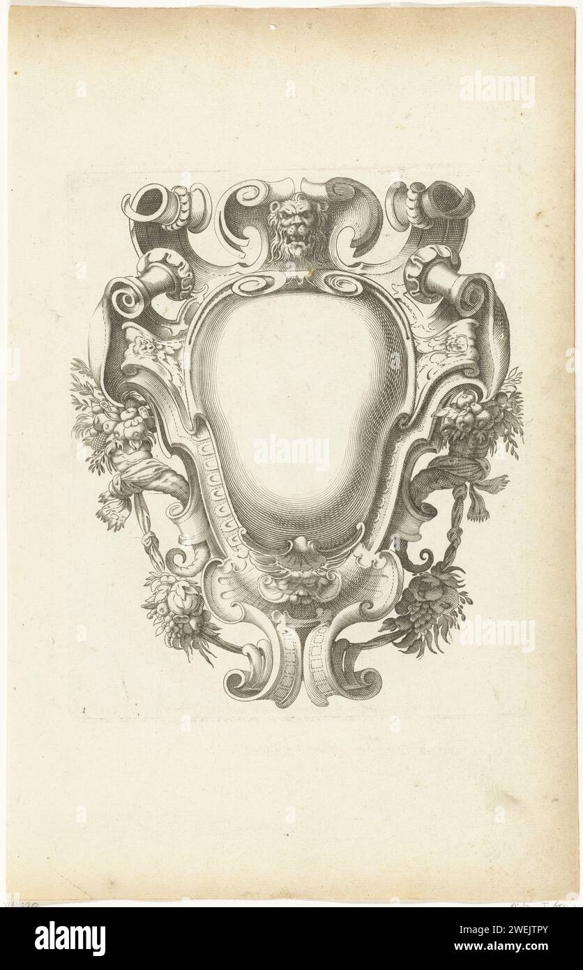 Cartouche avec tête de lion au sommet, Pierre Firens, d'après Federico Zuccaro, gravure sur papier imprimée 1613 - 1657 Banque D'Images