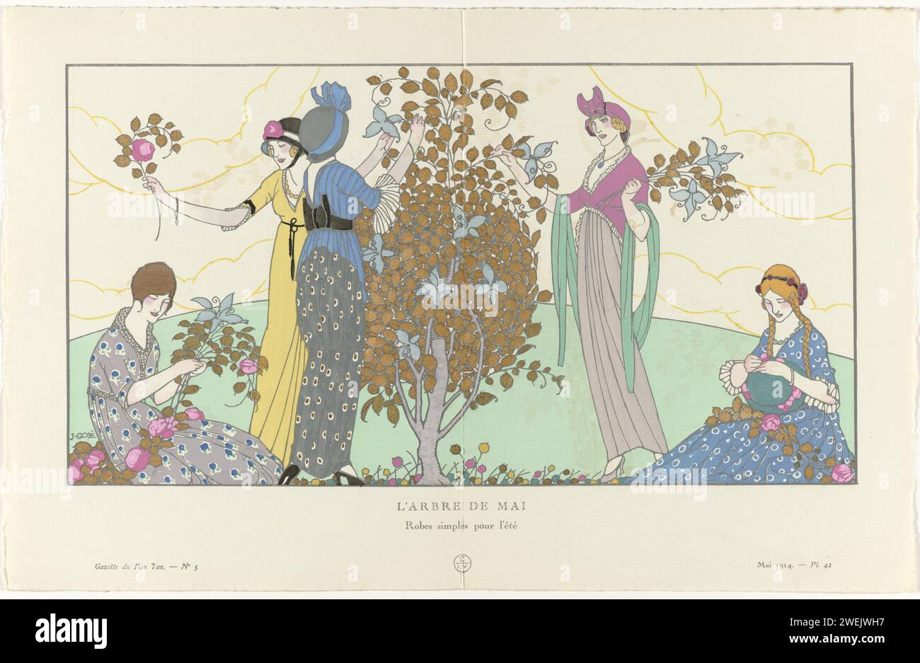 Gazette du bon ton, 1914 - n° 5, PL. 42 : l'arbre de mai / robes simples pour l'été, Francisco Javier Gosé, 1914 trois femmes debout et deux femmes assises en robes d'été simples autour d'un arbre en fleurs. Planche 42 tirée de Gazette du bon ton 1914, n° 5. Explication sur les vêtements à la page 'Explication des planches'. impression typographique de plaques de mode en papier. Mai  autres concepts. arbres. robe, robe (+ vêtements pour femmes). casque (+ vêtements pour femmes). vêtements pour la partie supérieure du corps (+ vêtements pour femmes). arranger des fleurs Banque D'Images