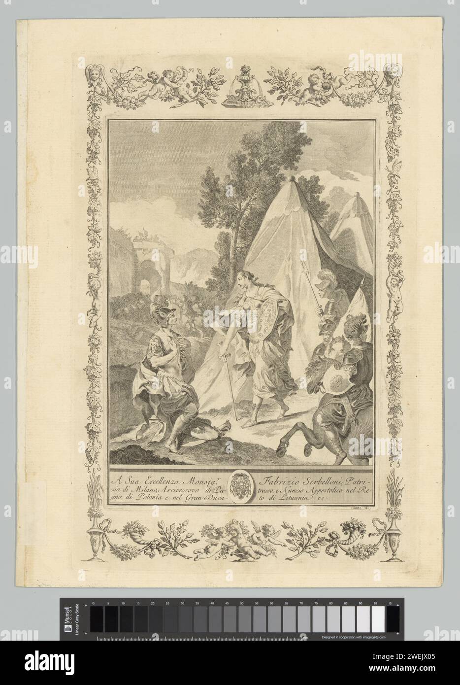 Scène U la Gerusalem Messa est libre, Infra Baldel, FRE AREN Giovanni Battista Piazzetta, 1745 imprimer bord ornement avec des fleurs, des plantes, des cupidos et une fontaine. Gravure sur papier (scènes de) œuvres littéraires spécifiques : Tasso, Gerusalemme Liberata. fruits et légumes  ornement. roulement armorial, héraldique Banque D'Images