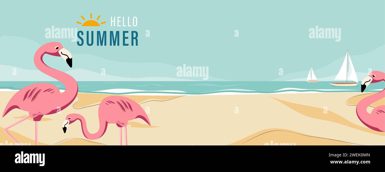 Fond de bannière vectorielle de plage d'été avec des oiseaux roses Flamingo Illustration de Vecteur
