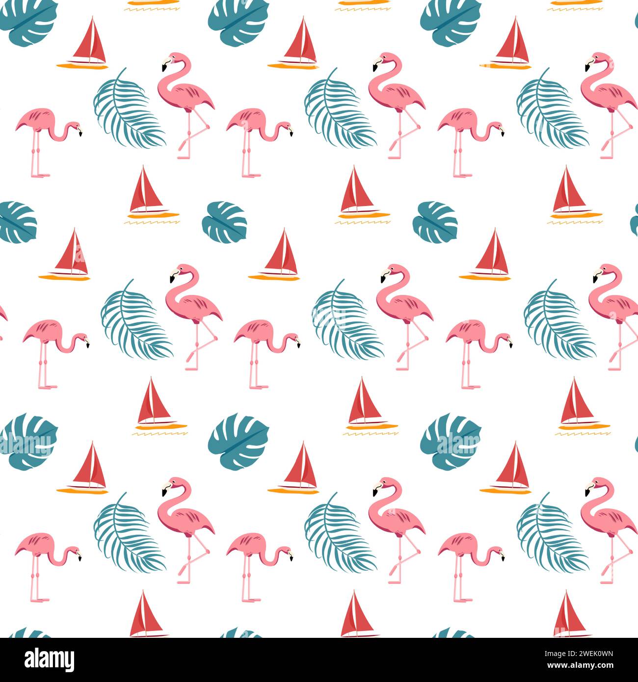 Fond de motif sans couture d'été avec des oiseaux flamants roses, des voiliers et des feuilles sur fond blanc Illustration de Vecteur