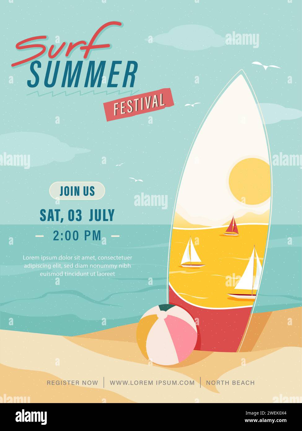 Affiche d'été avec planche de surf et balle dans le fond de plage de sable Illustration de Vecteur