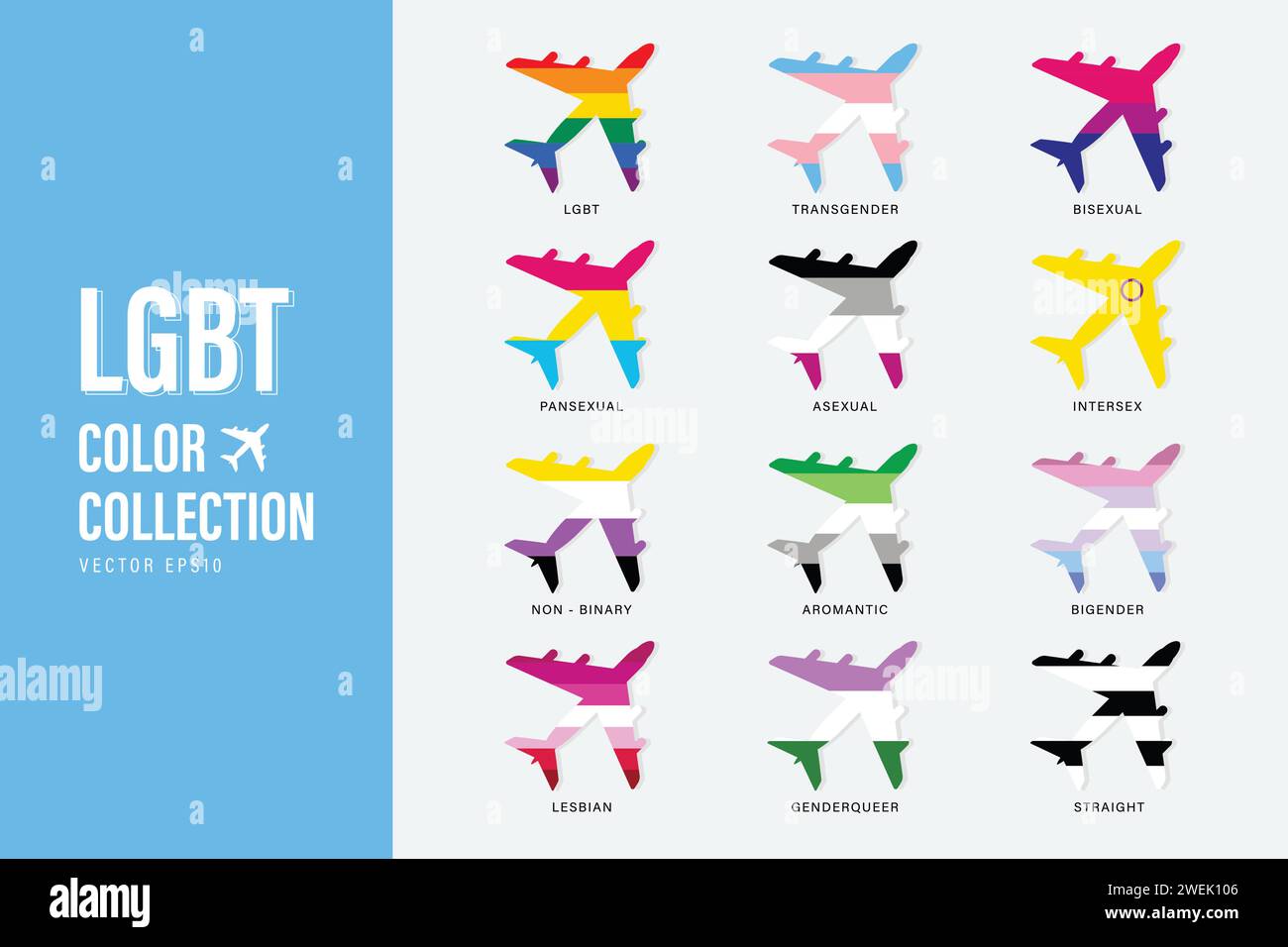 Symboles de couleur d'identité sexuelle dans la collection de forme d'avion pour le concept de voyage de fierté, y compris LGBT, transgenre, lesbienne, non binaire, bisexuel et mor Illustration de Vecteur