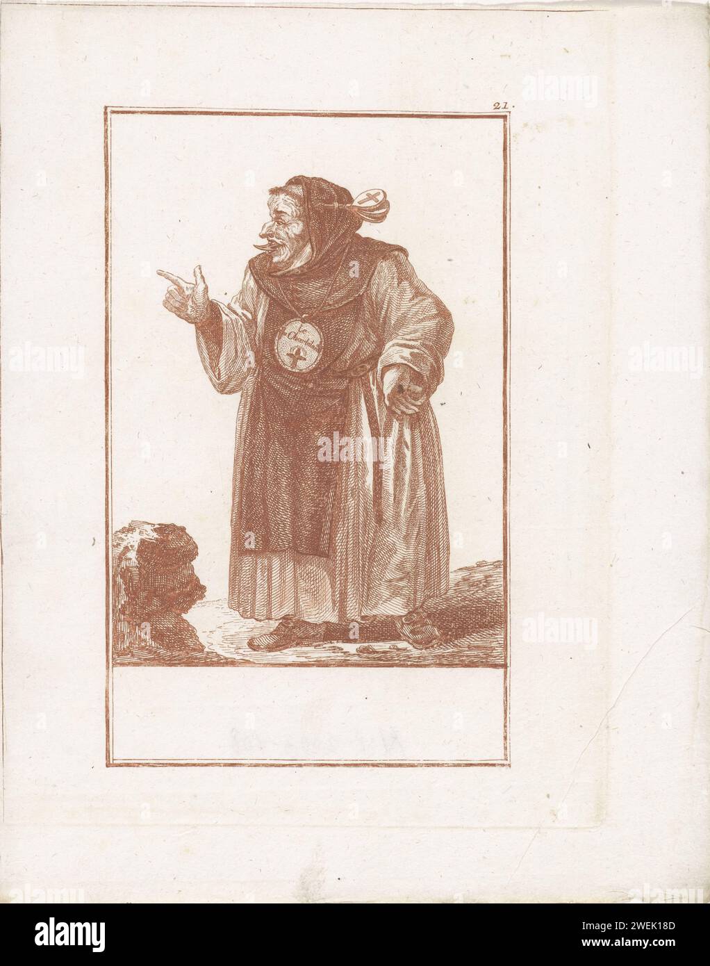 Moine debout avec la langue tendue, Jacob Gole (attribué à), d'après Cornelis Dusart, 1724 estampe moine debout, avec la main droite pointant vers la gauche. Il y a une assiette ronde avec le texte : le Carlatan autour de son cou. L'homme tire la langue. L'estampe fait partie d'une série de 50 parties sur le sujet des abus du clergé catholique. gravure de papier moine(s), frère(s). (Aspects de) la religion chrétienne ou l'Église (en tant qu'institution) ridiculisée, critiquée ou caricaturisée. langue sortie Banque D'Images
