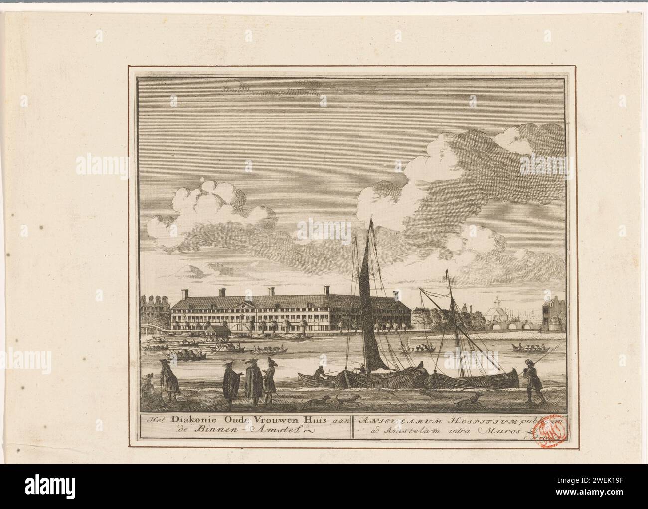 Vue de la Diaconie Oude Vrouwenhuis à Amsterdam, Anonyme, en ou après 1710 - en ou après 1711 imprimer vue de la Diaconie Oude Vrouwenhuis sur le Binnen-Amstel à Amsterdam en 1681. À partir de 1719, les vieux hommes de la maison réformée néerlandaise (plus tard réformée) pouvaient également partir. Sous le spectacle le titre en néerlandais et latin. papier mordant la maison des personnes âgées. bien-être public. rue (+ city(-scape) avec chiffres, staffage). Canaux, eaux (en ville) (+ ville(-scape) avec chiffres, staffage) Diaconie vieille maison des femmes et des hommes. Inner-amstel Banque D'Images