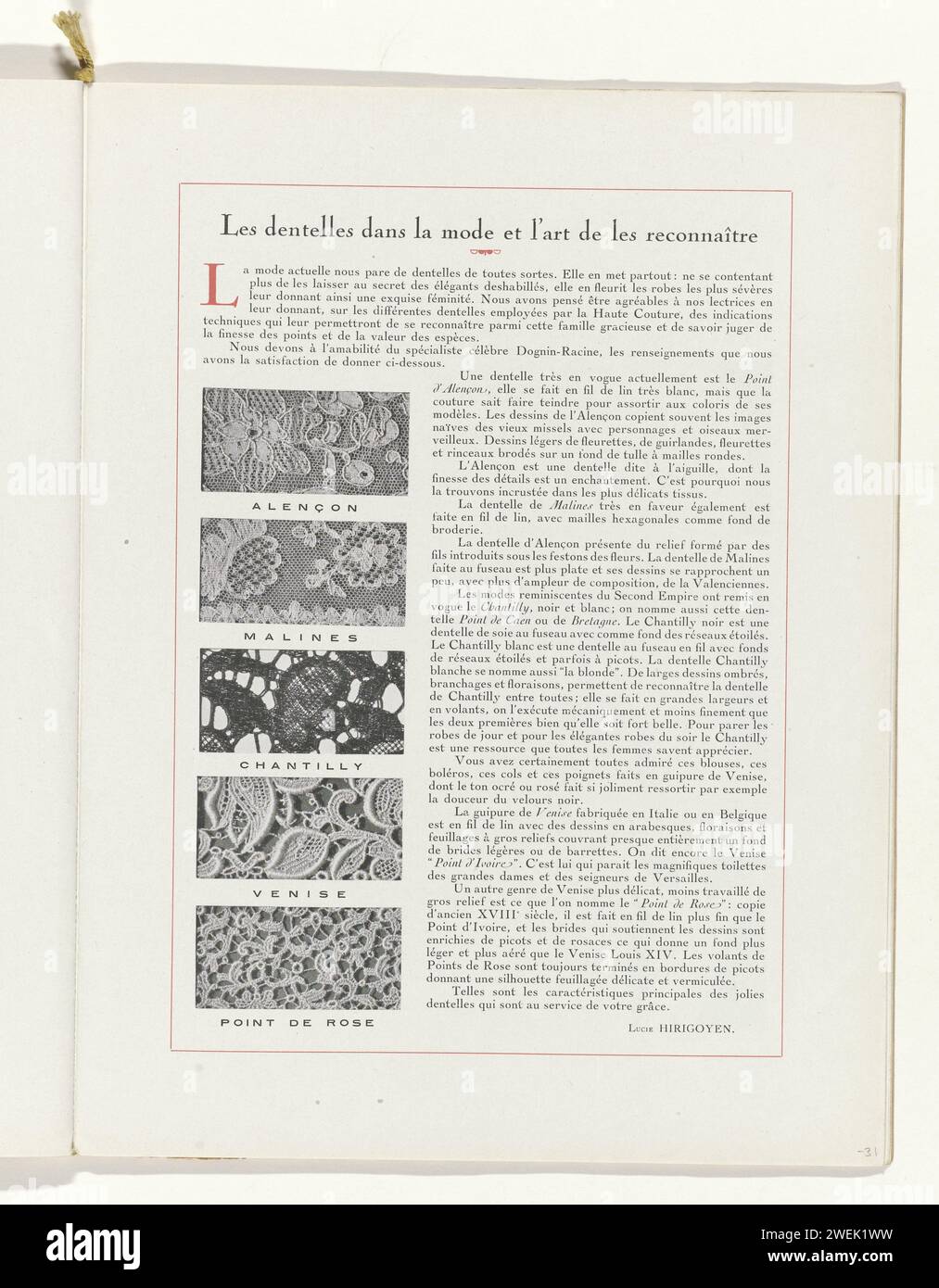Art - goût - Beauté, feuilles d'élégance féminine, novembre 1931, n° 135, 12e année, p. 31, Charles Goy, magazine 1931 texte avec cinq images de différents types de dentelle : 'Alençon, Malines, Chantilly, Venise, point de Rose'. Page du magazine de mode Art-Goût-Beauté (1920-1933). assiettes de mode en papier. dentelle Banque D'Images