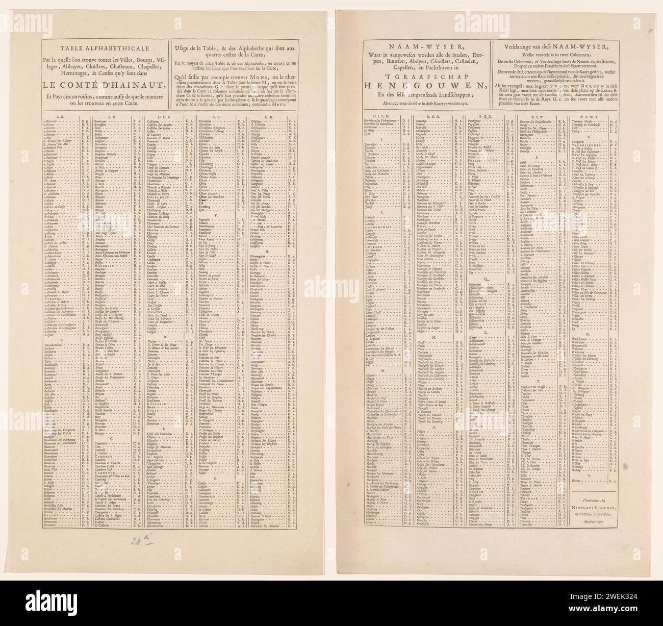 Registre des lieux de tous les villages et villes sur la carte d'accompagnement du Hainaut, Nicolaes Visscher (I), 1677 - 1720 feuille de texte Registre des lieux de tous les villages et villes que l'on peut trouver sur la carte d'accompagnement. À côté des noms de lieux, il est indiqué où les lieux peuvent être trouvés sur la carte en utilisant le calendrier de recherche. impression typographique sur papier Banque D'Images