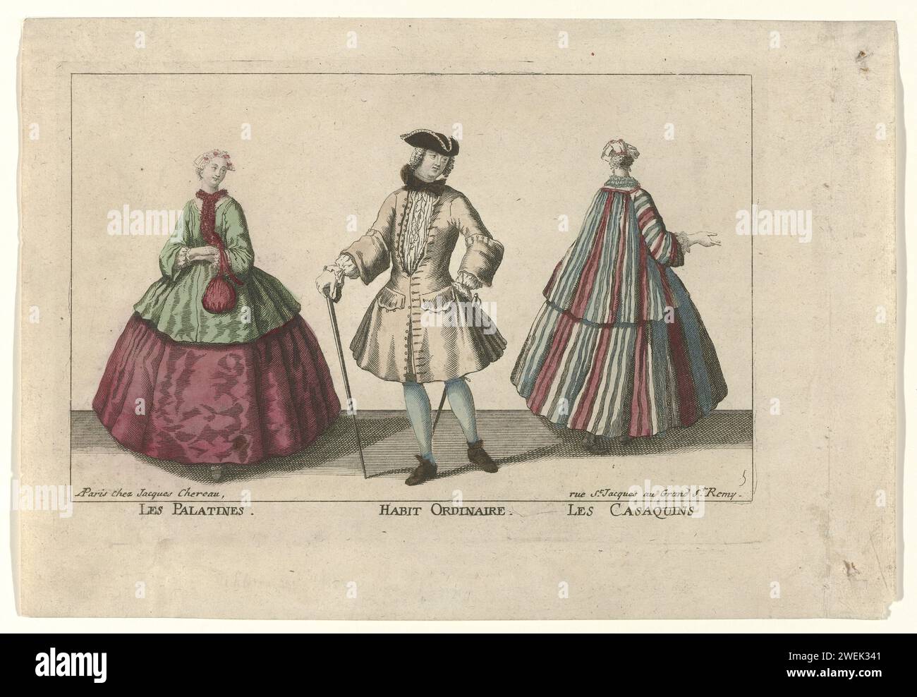 Palatines. Habitude ordinaire. Les Casaquins, c. 1730 de gauche à droite : Femme en Casaquin vert et jupe violette. Accessoires : petit chapeau, palatin, sac ou pochette. L'homme porte un Justaucorps, une chemise avec jabot, un noeud autour du cou, un pantalon de genou et des bas. Accessoires : trois points, bâton de marche, Degen (ornemental) et chaussures. A droite une femme dans le dos, en Casaquin rayé et jupe du même tissu. Accessoires : petit chapeau, boucles d'oreilles, bande allumée autour du cou, bas et mules. L'estampe fait partie d'une série de 8 estampes de costumes, publiées par Chéreau, Paris, ca. 1730. Copie, Banque D'Images
